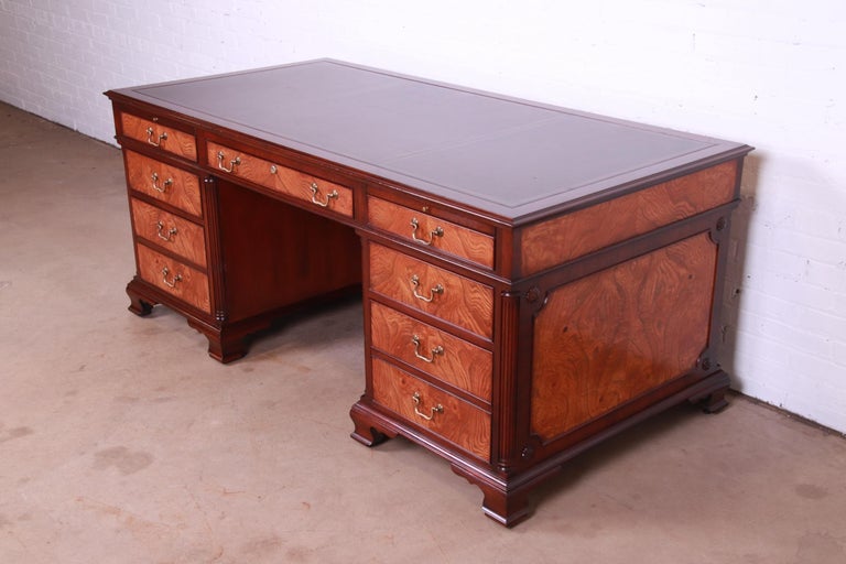Kittinger Burl Wood and Mahogany Leather Top Executive Desk at