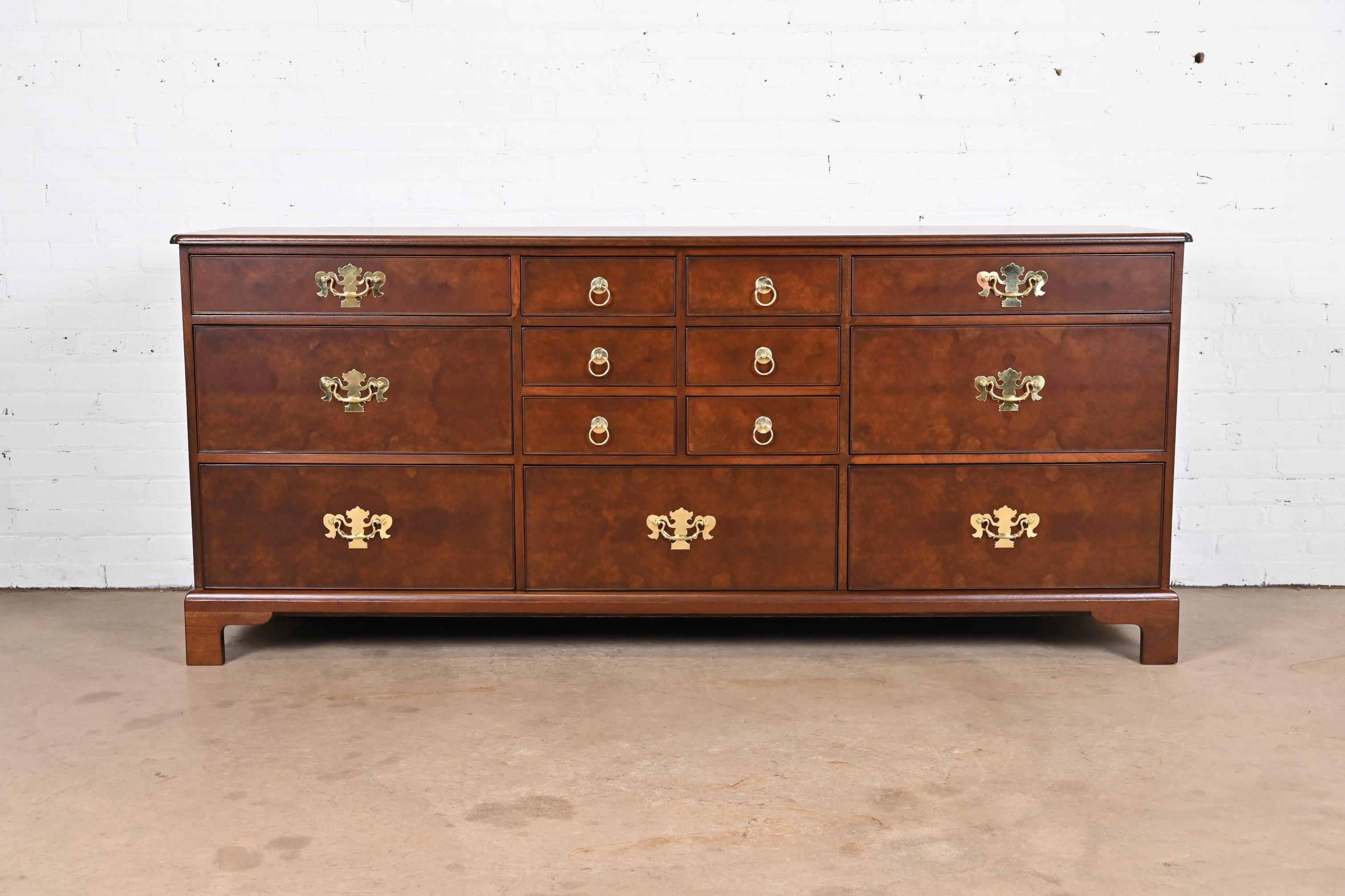 American Kittinger Georgian Burled Walnut 13-Drawer Dresser or Credenza, Newly Refinished