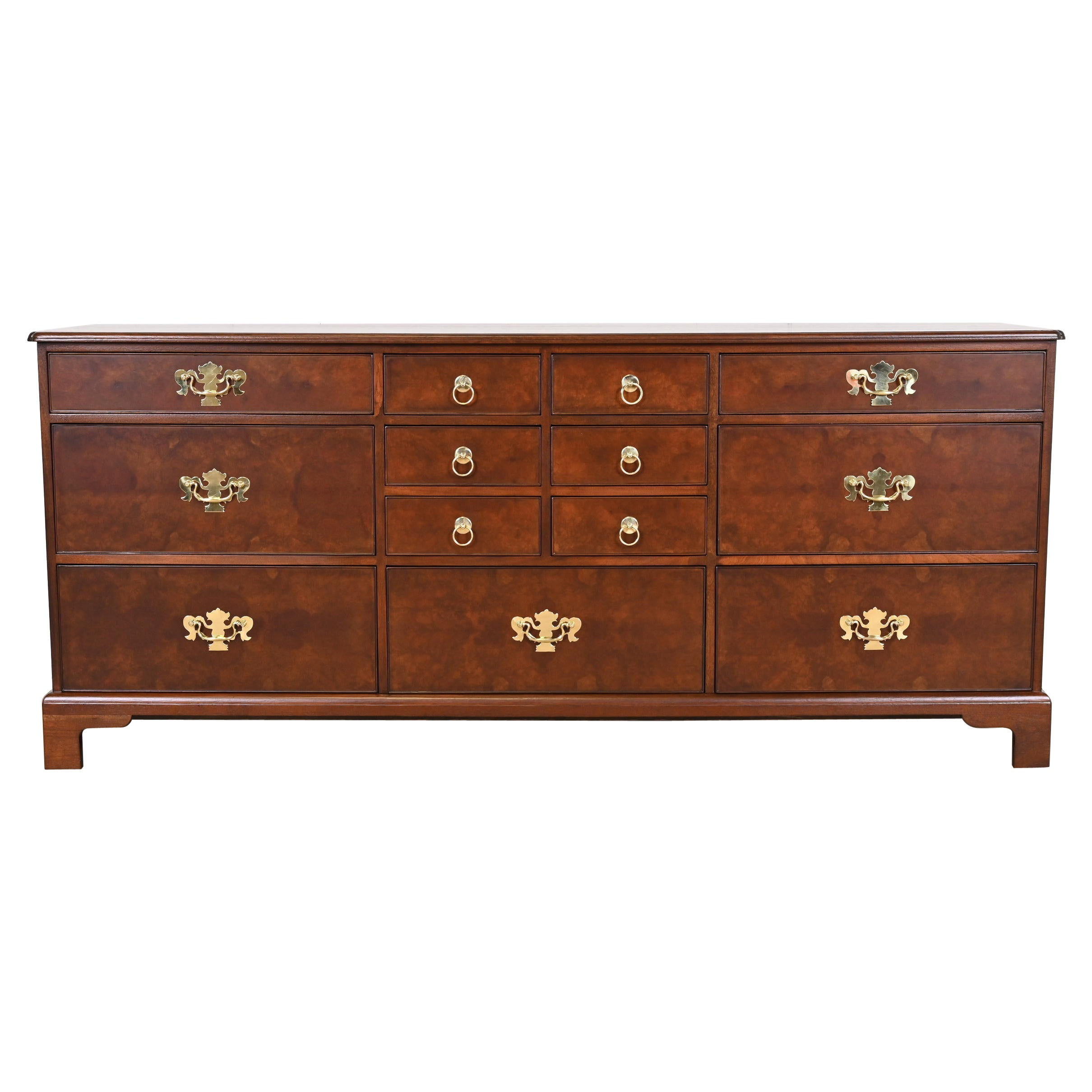 Kittinger Georgian Burled Walnut 13-Drawer Dresser or Credenza, Newly Refinished