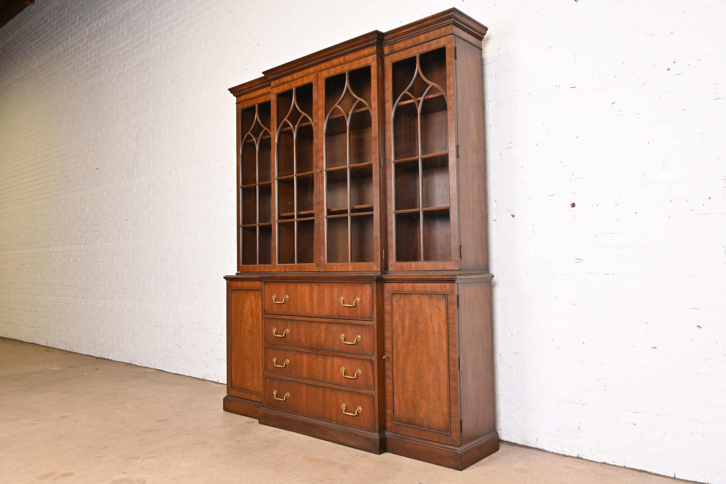 American Kittinger Georgian Carved Mahogany Breakfront Bookcase Cabinet