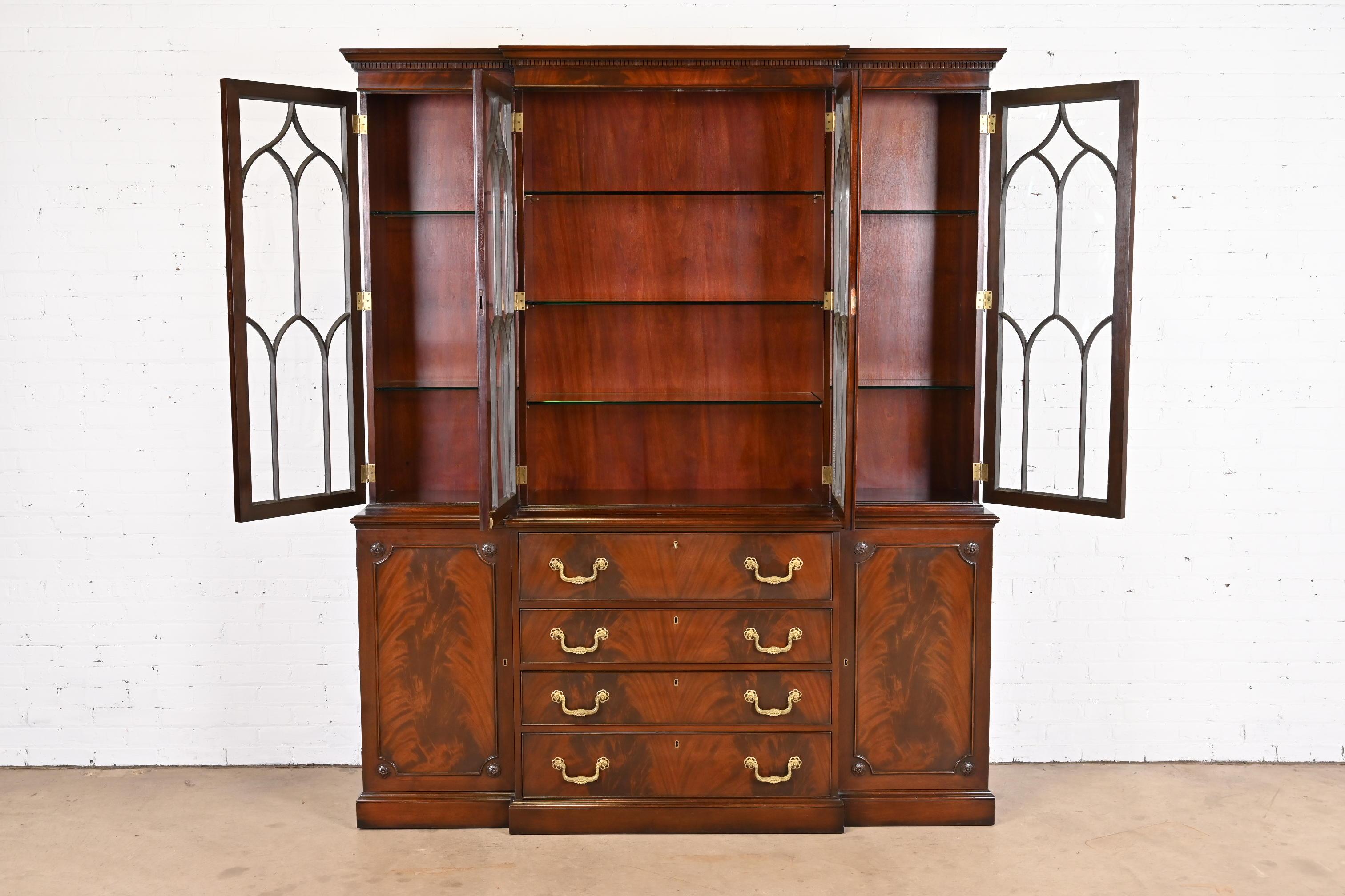 Brass Kittinger Georgian Mahogany Breakfront Bookcase Cabinet with Secretary Desk