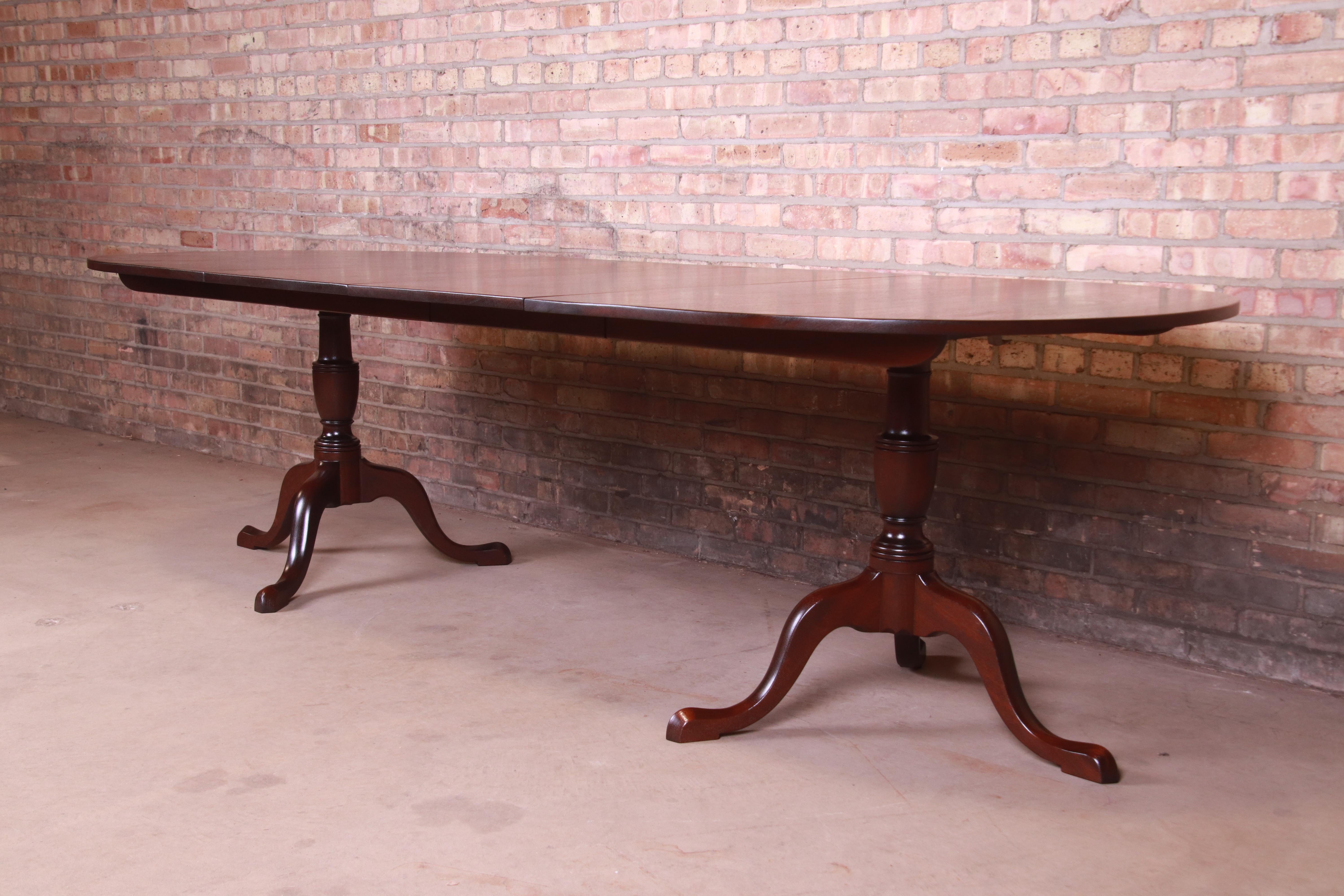 American Kittinger Georgian Mahogany Double Pedestal Dining Table, Newly Refinished