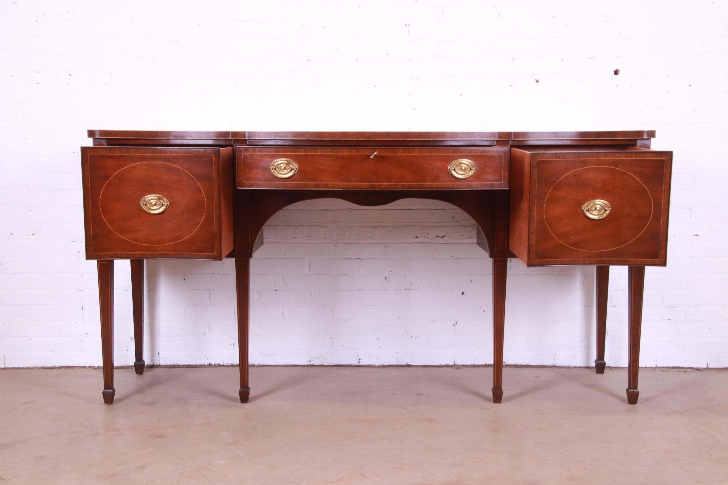 Brass Kittinger Hepplewhite Inlaid Mahogany Serpentine Sideboard Credenza