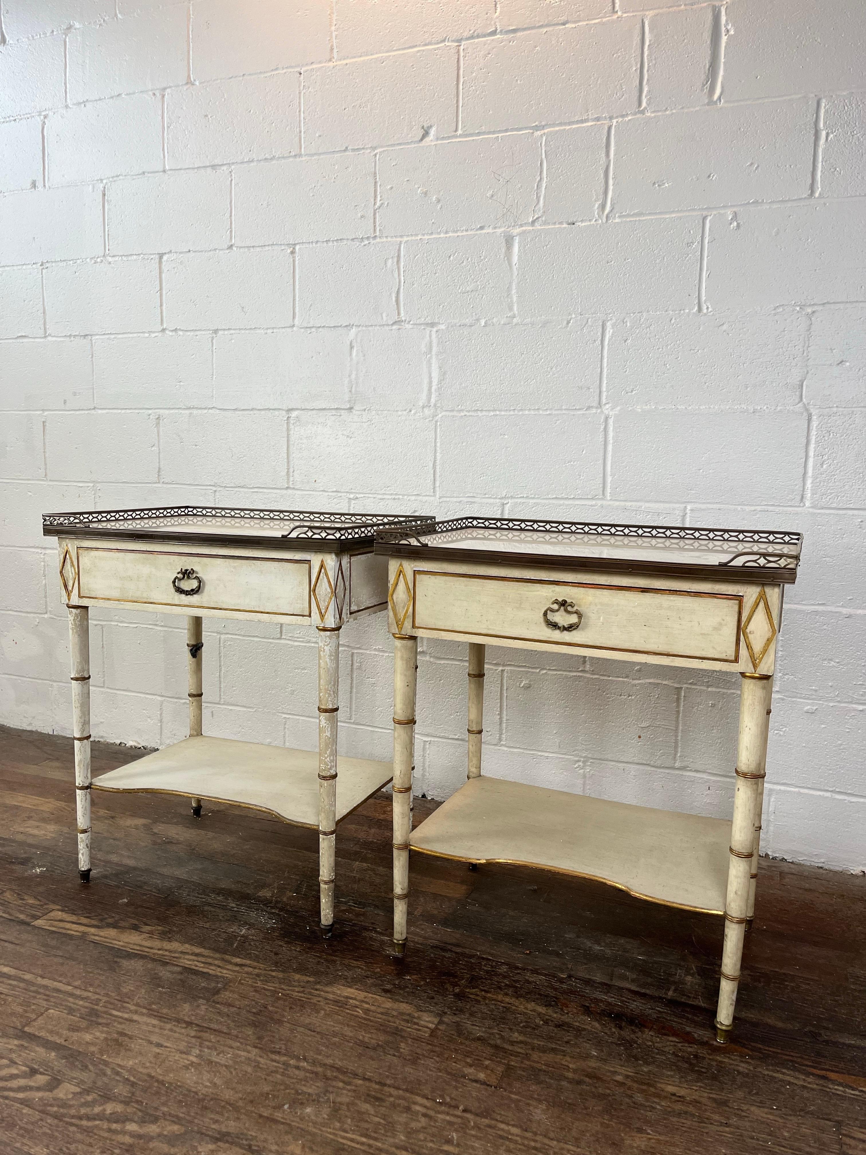 Kittinger Hollywood Regency Nightstands Faux Bamboo Marble and Brass In Fair Condition For Sale In W Allenhurst, NJ