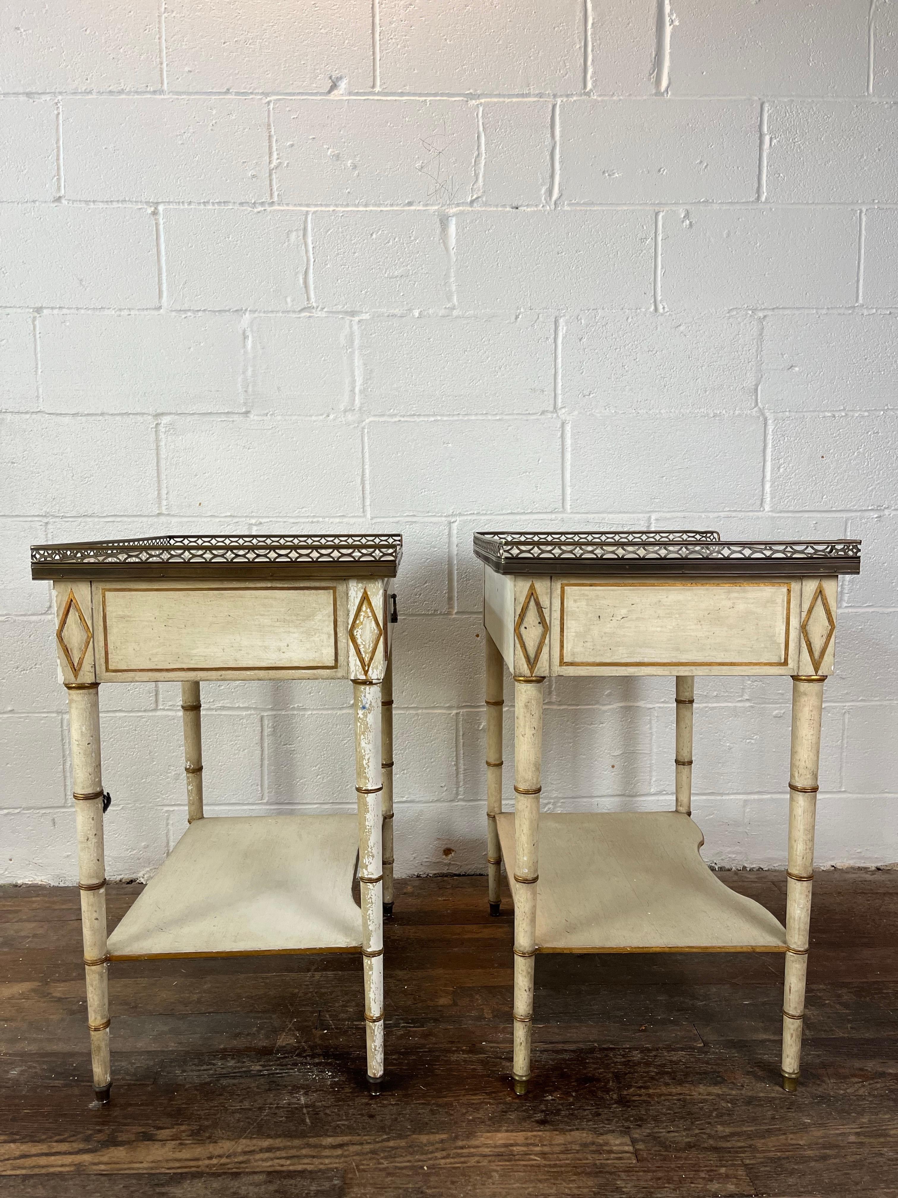 20th Century Kittinger Hollywood Regency Nightstands Faux Bamboo Marble and Brass For Sale