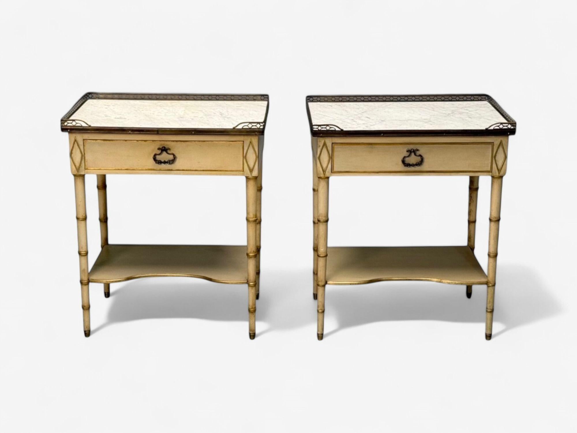 American Kittinger, Hollywood Regency Style, Nightstands, Faux Bamboo Painted Wood, Brass