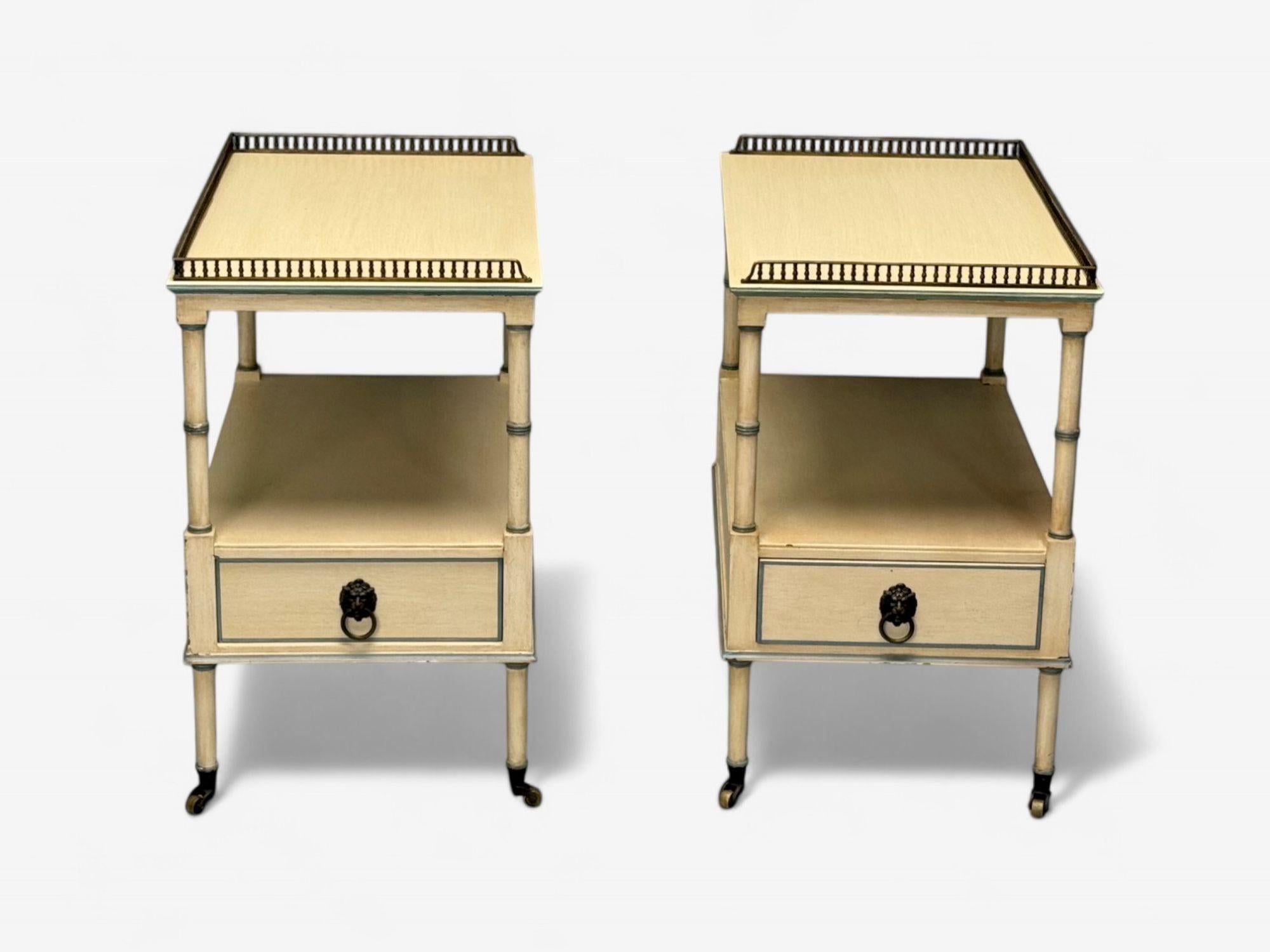American Kittinger, Hollywood Regency Style, Side Tables, Faux Bamboo Painted Wood, Brass For Sale