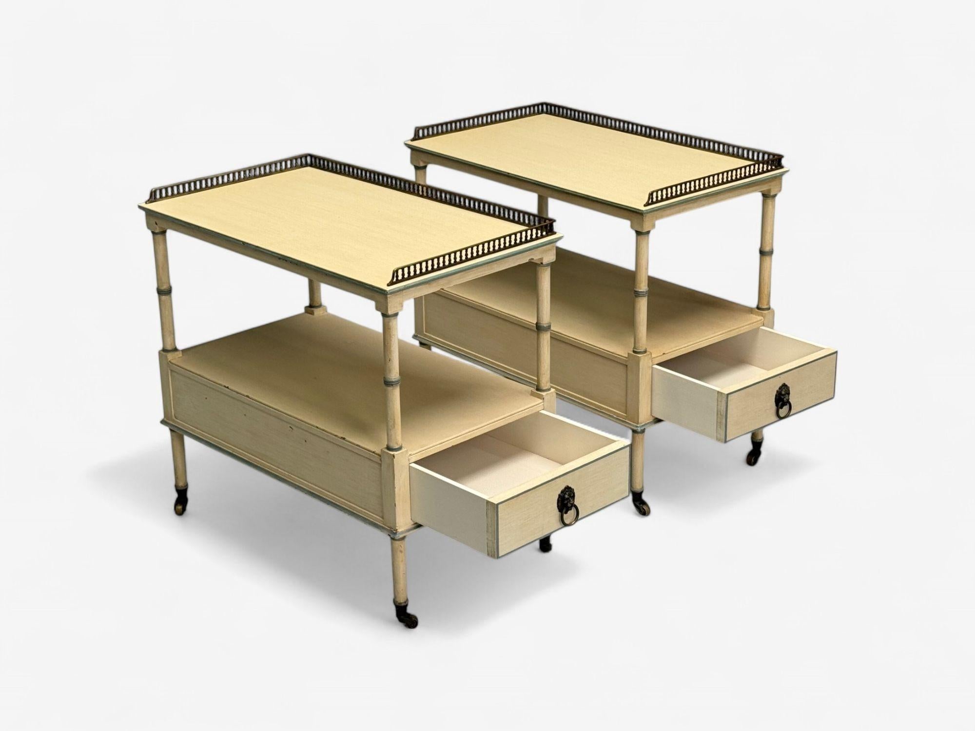 Kittinger, Hollywood Regency Style, Side Tables, Faux Bamboo Painted Wood, Brass In Fair Condition For Sale In Manhasset, NY