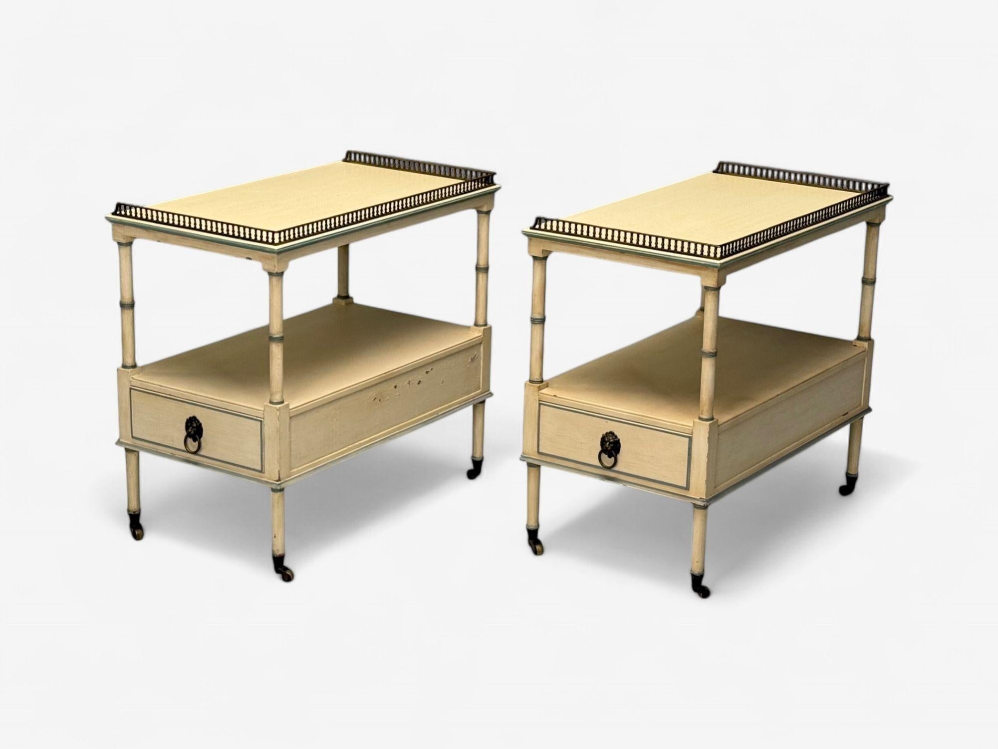 Kittinger, Hollywood Regency Style, Side Tables, Faux Bamboo Painted Wood, Brass For Sale 1