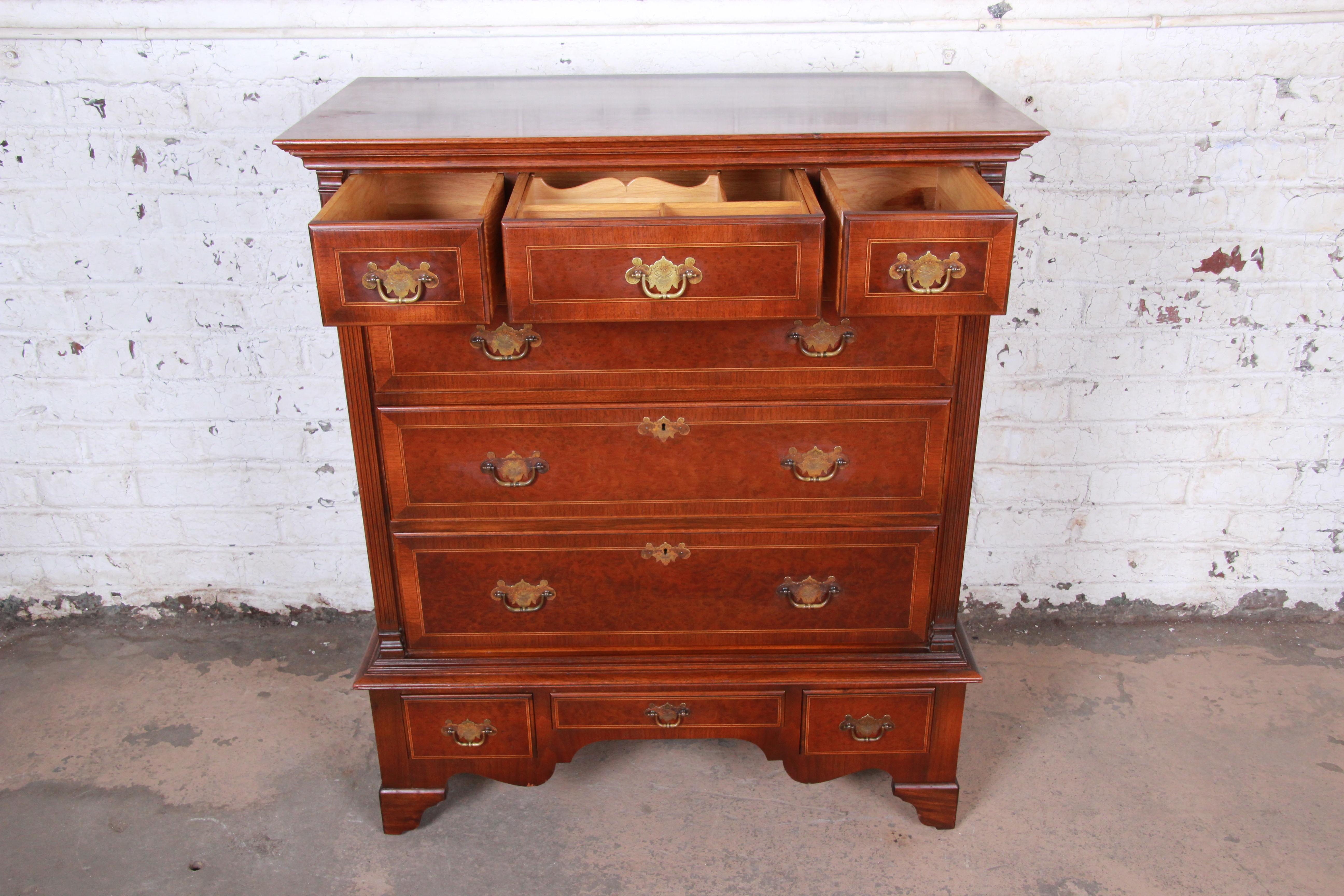 Kittinger Mahogany and Birdseye Maple Nine-Drawer Highboy Dresser, circa 1930s 1