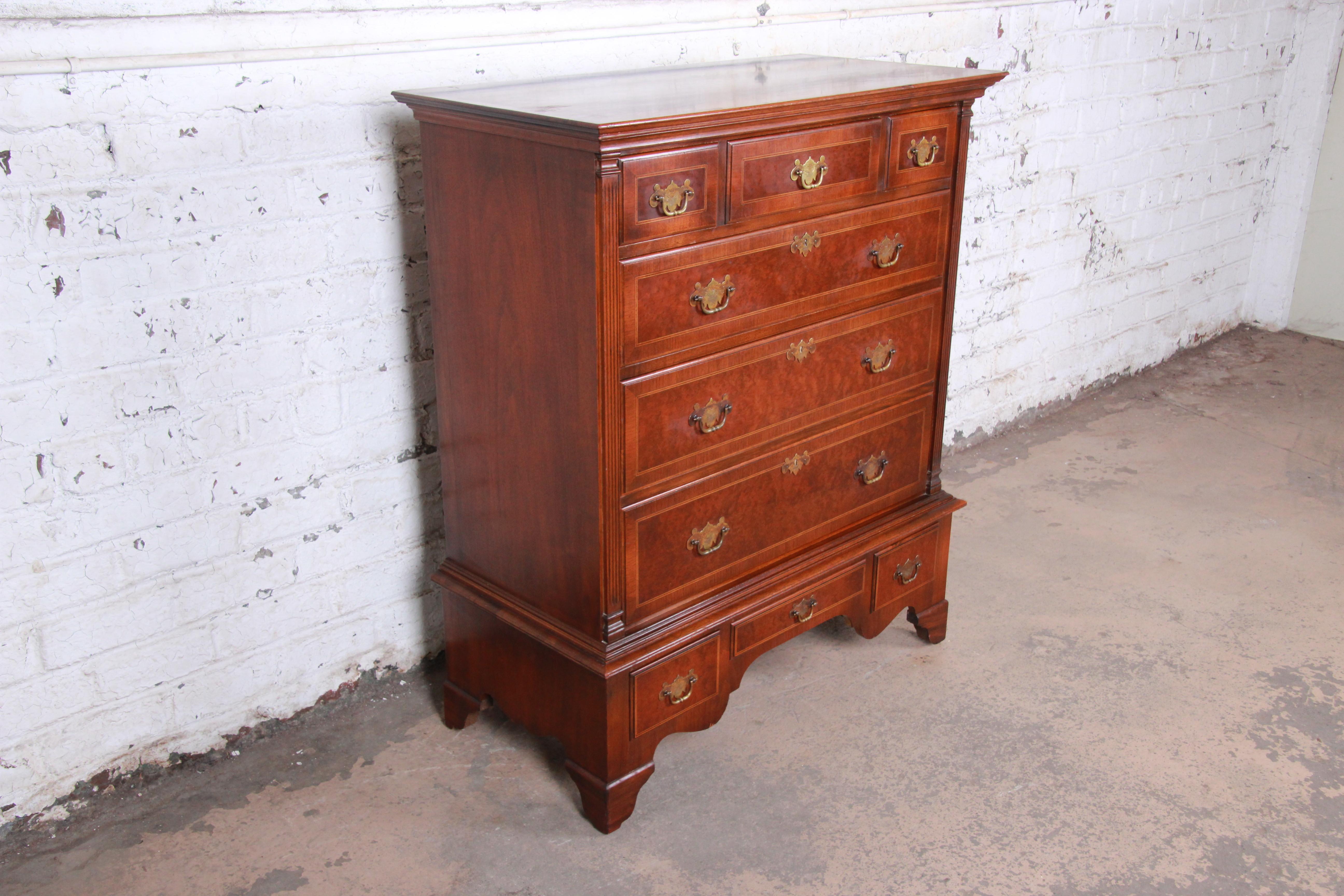 Chippendale Kittinger Mahogany and Birdseye Maple Nine-Drawer Highboy Dresser, circa 1930s