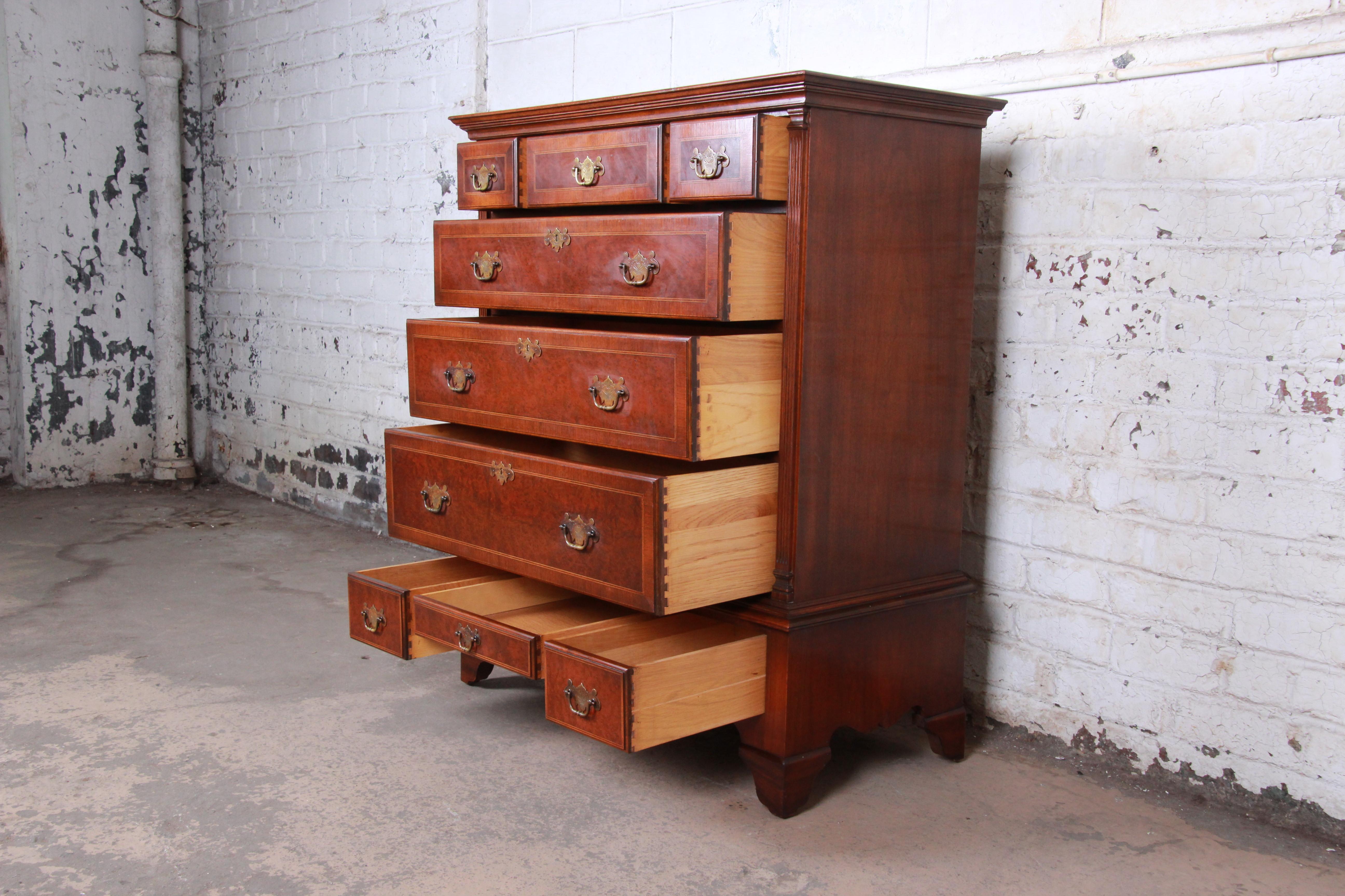 Kittinger Mahogany and Birdseye Maple Nine-Drawer Highboy Dresser, circa 1930s In Good Condition In South Bend, IN