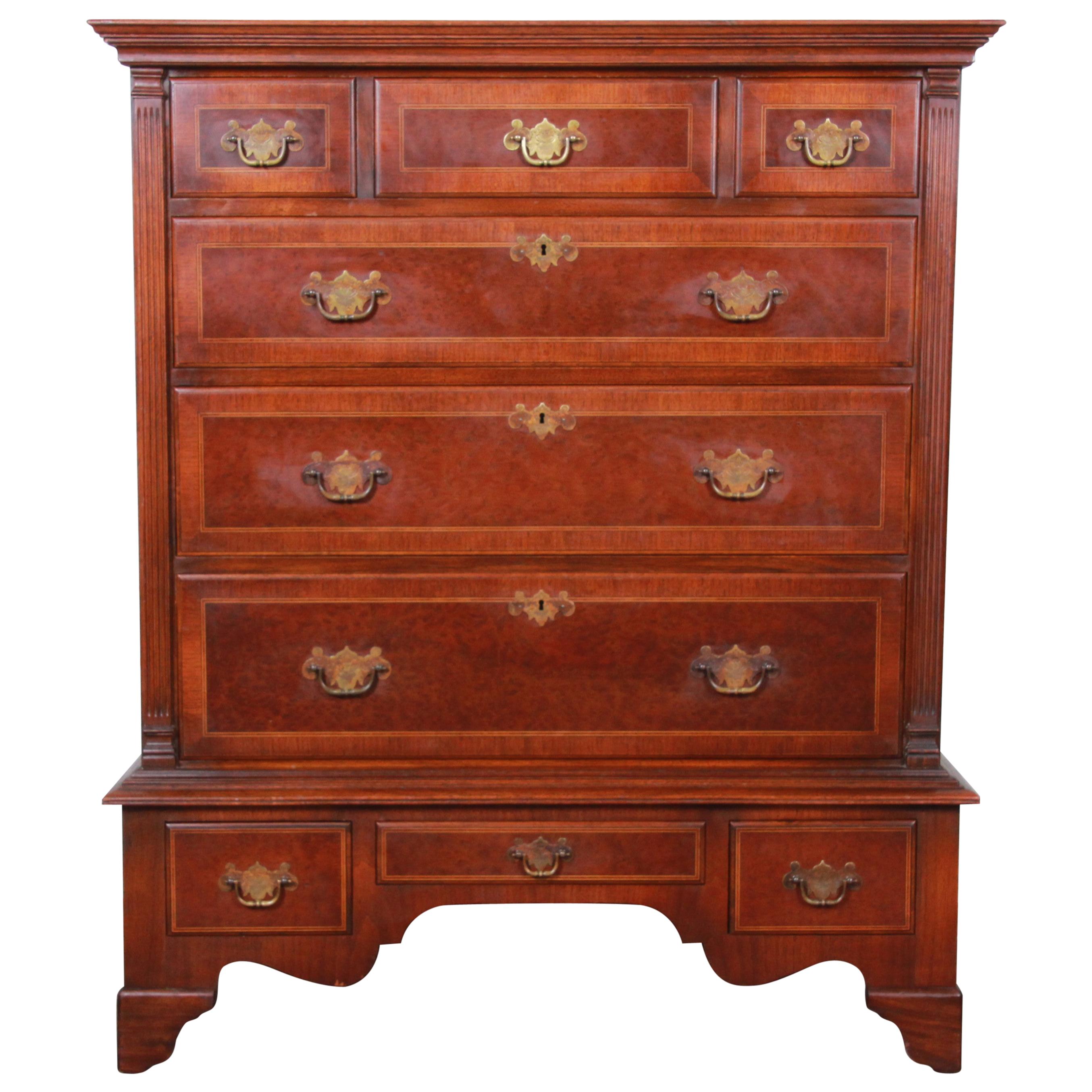 Kittinger Mahogany and Birdseye Maple Nine-Drawer Highboy Dresser, circa 1930s