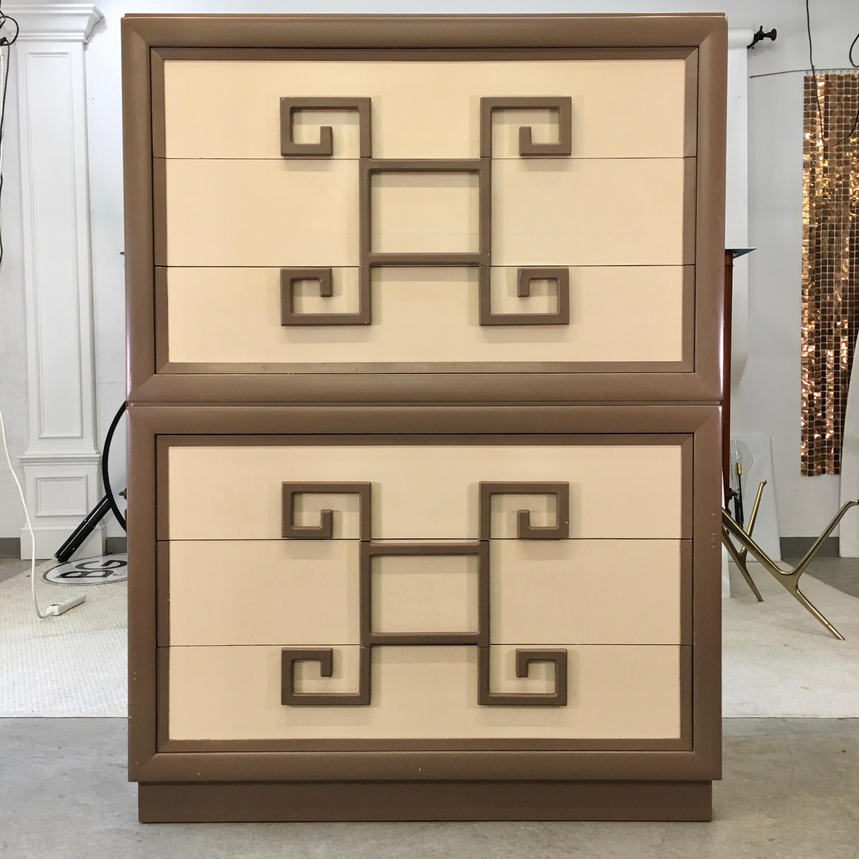 Chest on chest by Kittinger of Buffalo from their famed 1948 Mandarin collection. Original two-tone mushroom and cream lacquer finish. See image 12 for the hex color scans. 
Each chest has three large and deep drawers, two of which are fitted with