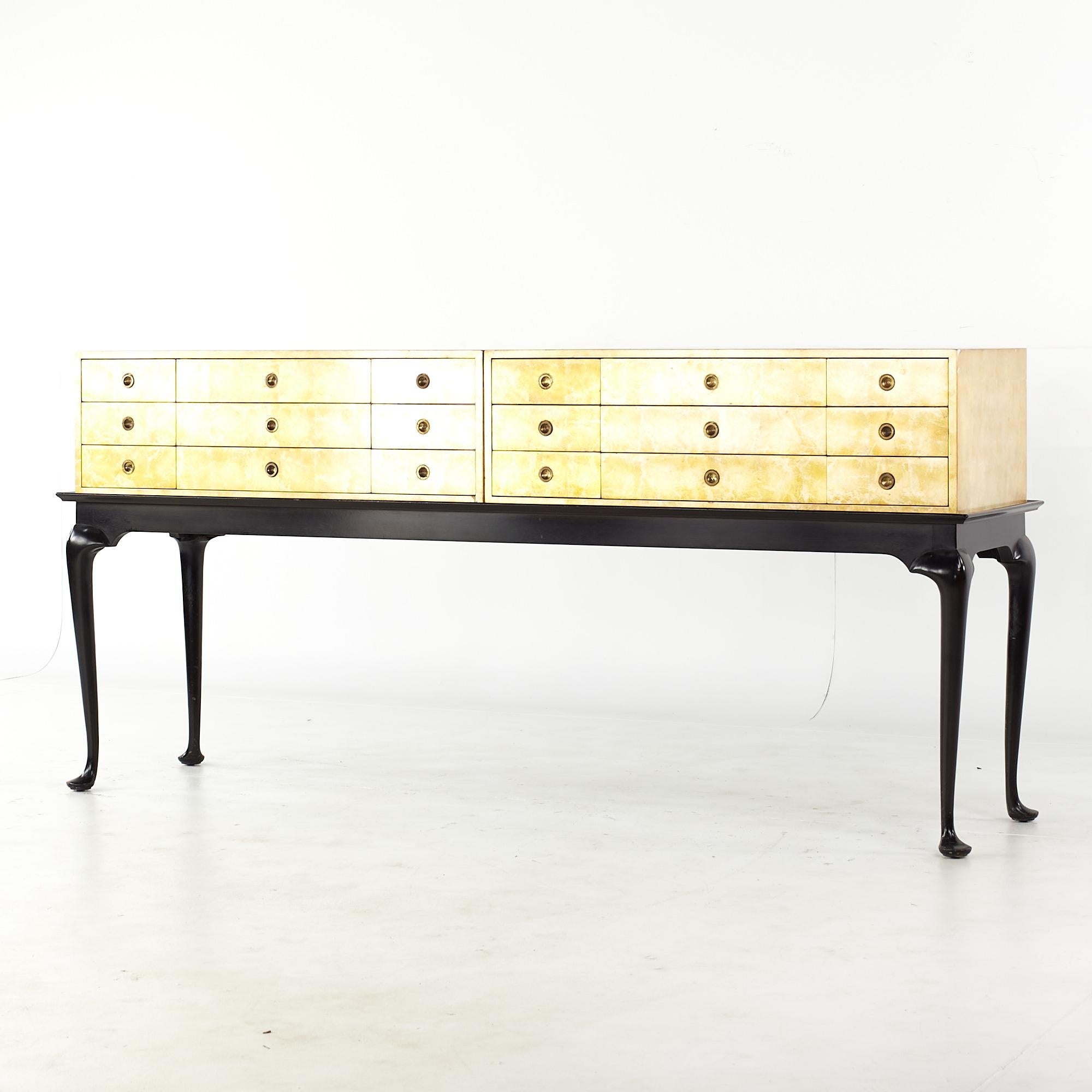 Mid-Century Modern Kittinger Mid Century Gold Leaf Chest of Drawers on Black Lacquer Stand For Sale