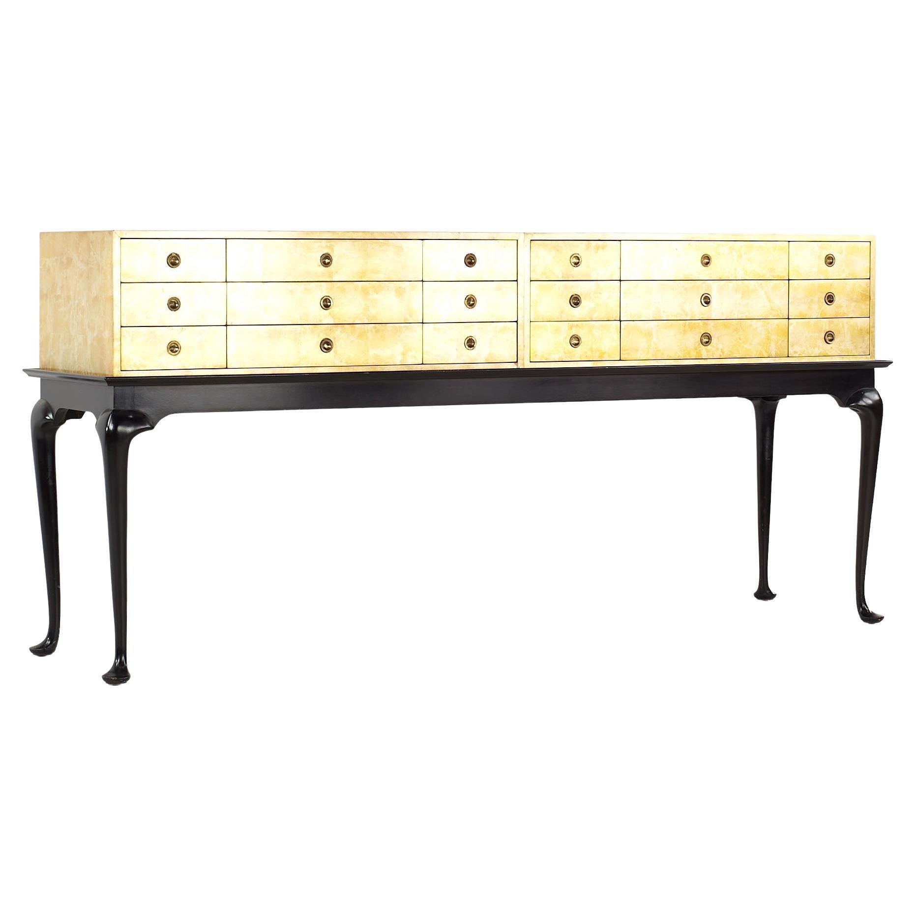 Kittinger Mid Century Gold Leaf Chest of Drawers on Black Lacquer Stand For Sale