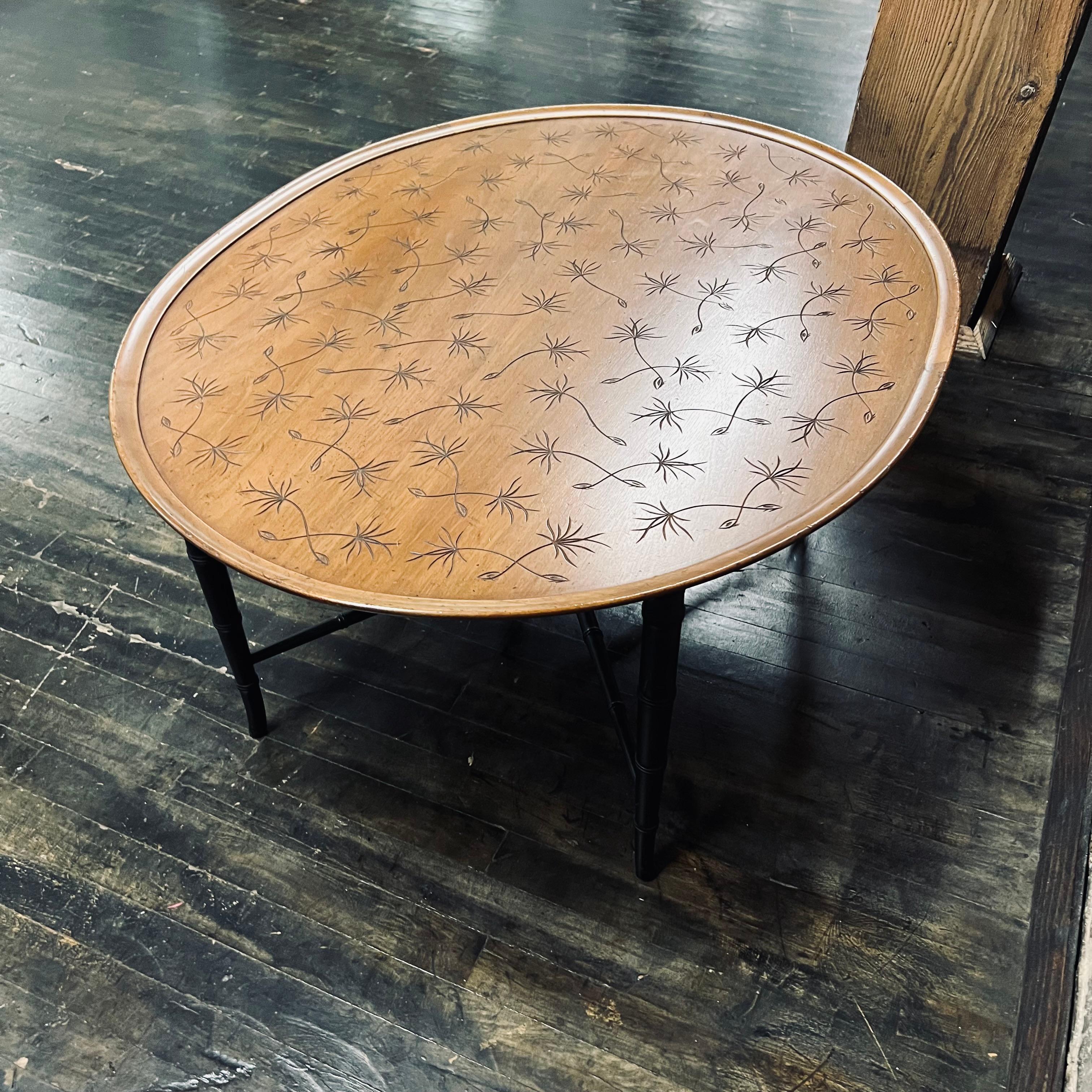 American Kittinger Midcentury Oval Coffee Table with Incised Design on Faux Bamboo Base For Sale