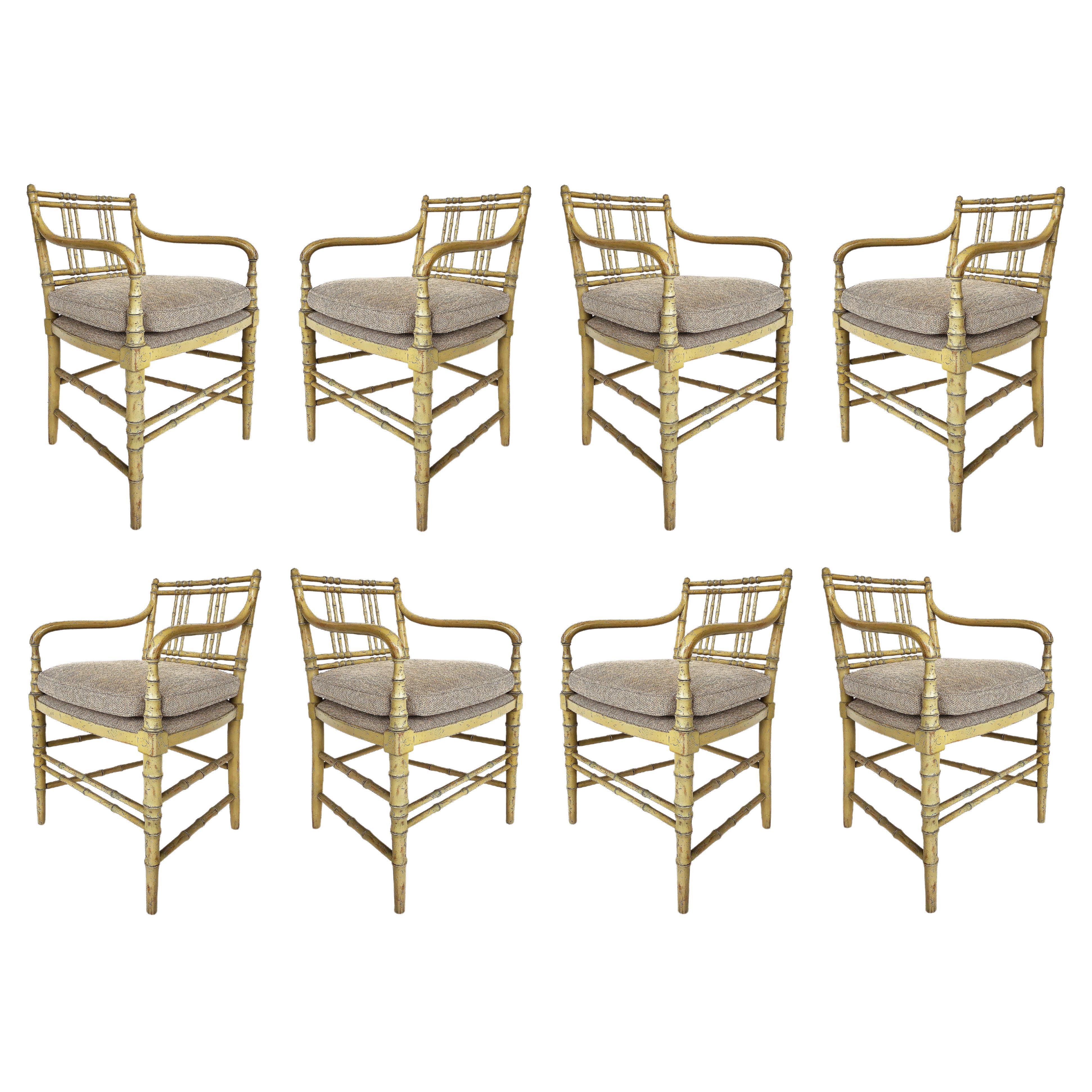 Kittinger Painted Faux Bamboo Dining Armchairs, Set of 8, Upholstered