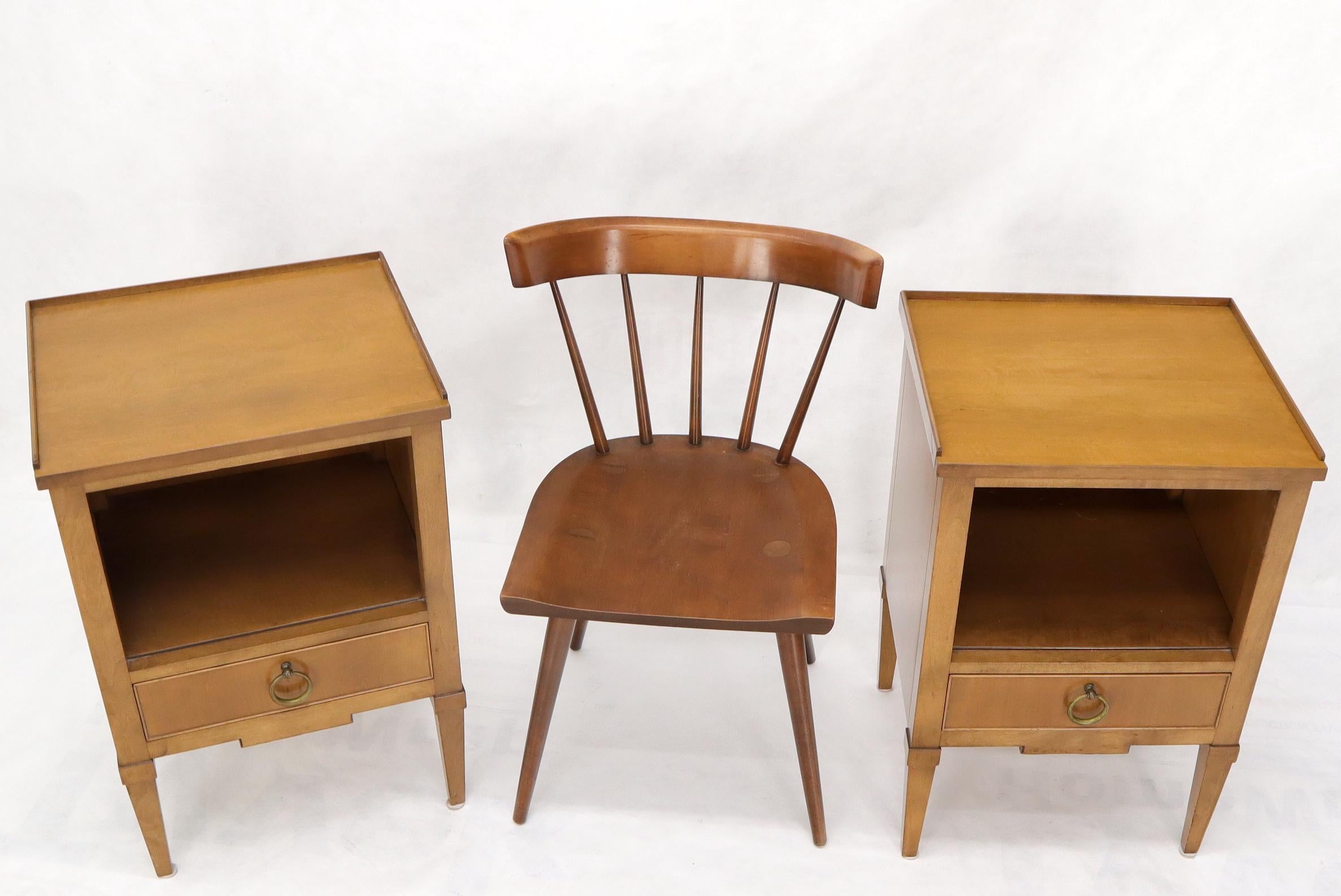 Regency - Mid-Century Modern influence pair of nightstands by Kittinger. Gallery top one drawer with a decorative brass ring pull.