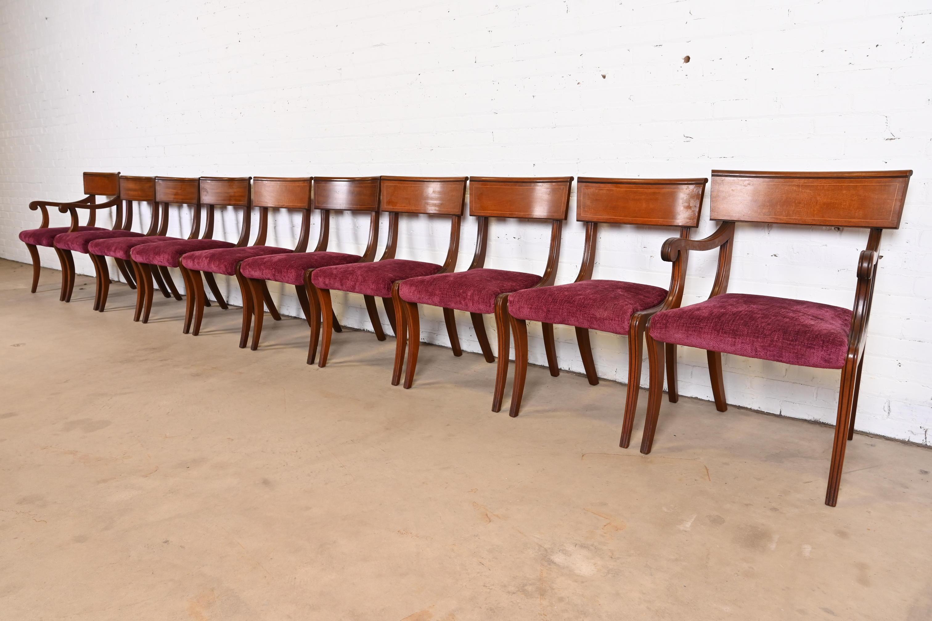 American Kittinger Regency Inlaid Mahogany Klismos Dining Chairs, Set of Ten For Sale
