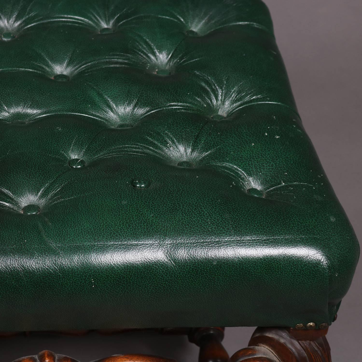 Kittinger Style Continental Button Tufted Leather and Carved Walnut Bench 6