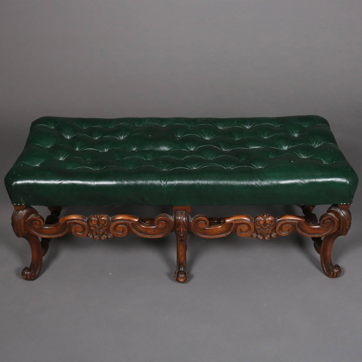 English Kittinger Style Continental Button Tufted Leather and Carved Walnut Bench