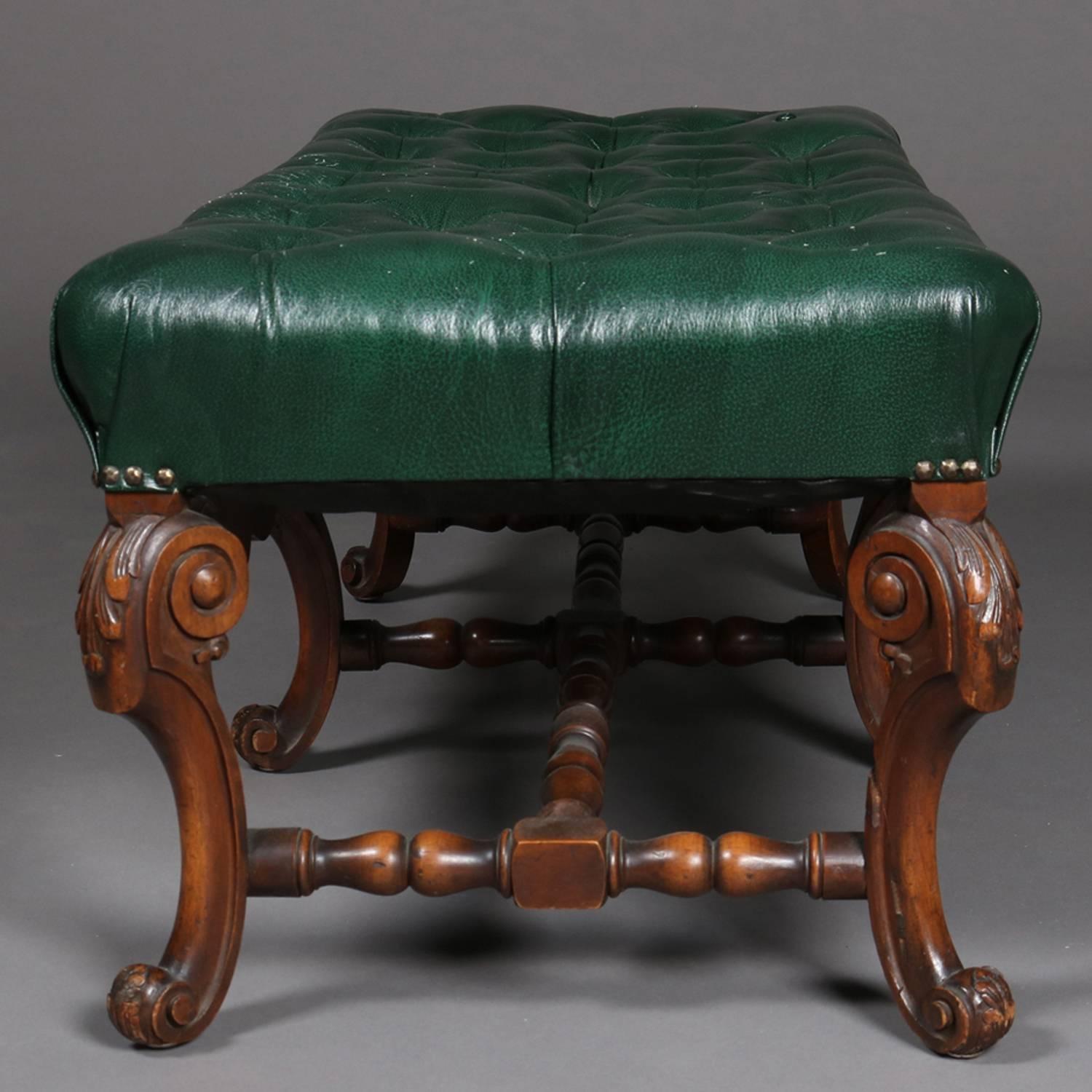 20th Century Kittinger Style Continental Button Tufted Leather and Carved Walnut Bench