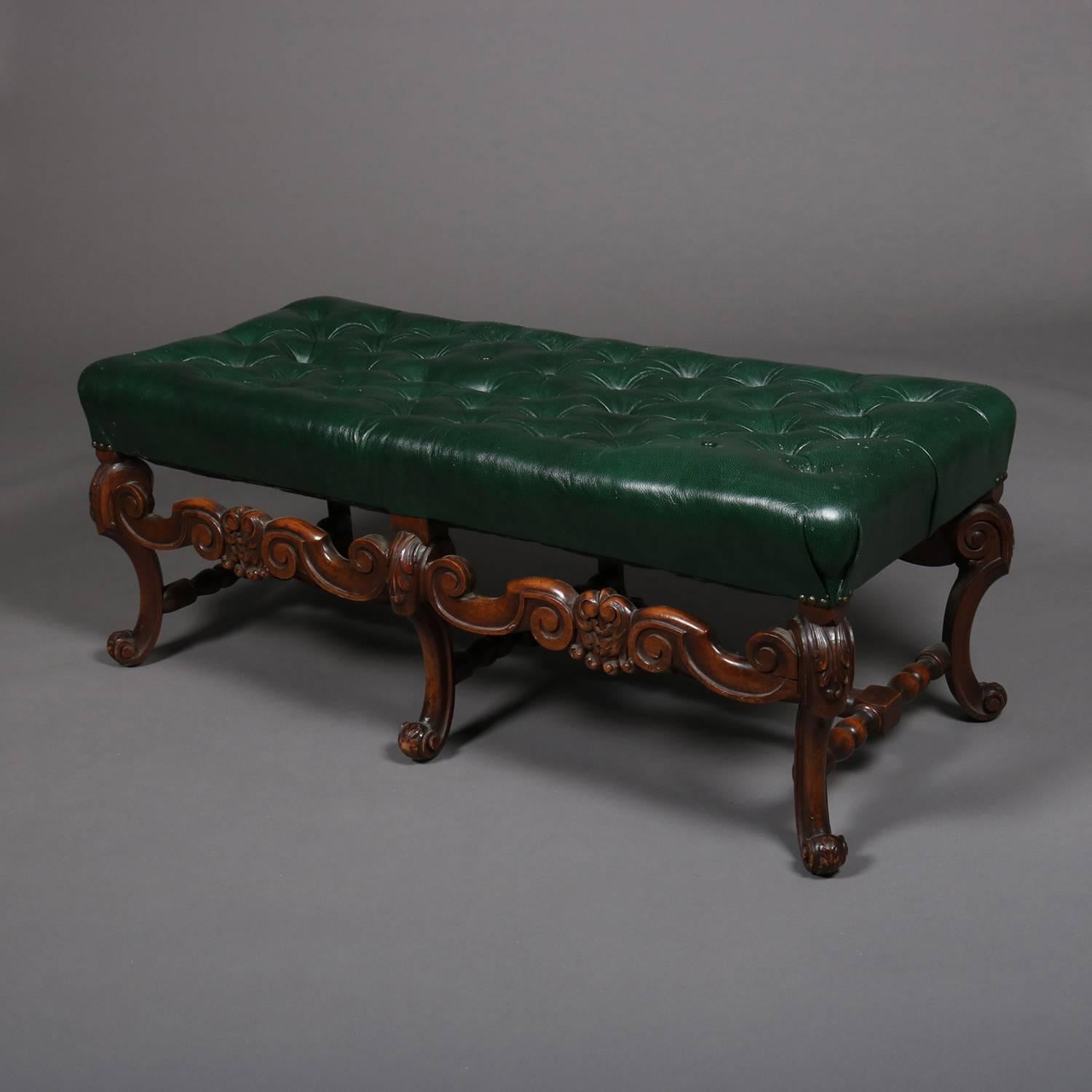 Kittinger Style Continental Button Tufted Leather and Carved Walnut Bench 1