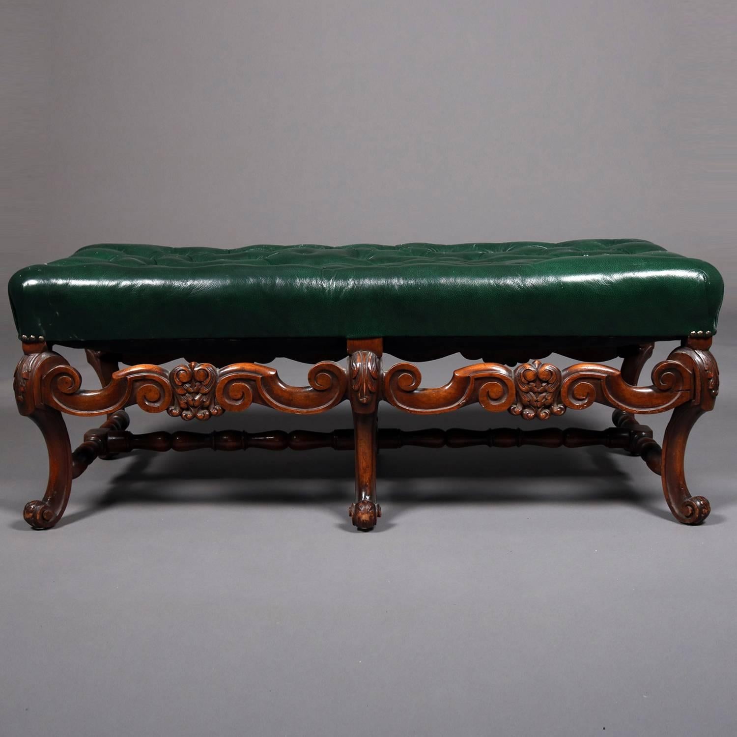 Kittinger Style Continental Button Tufted Leather and Carved Walnut Bench 2