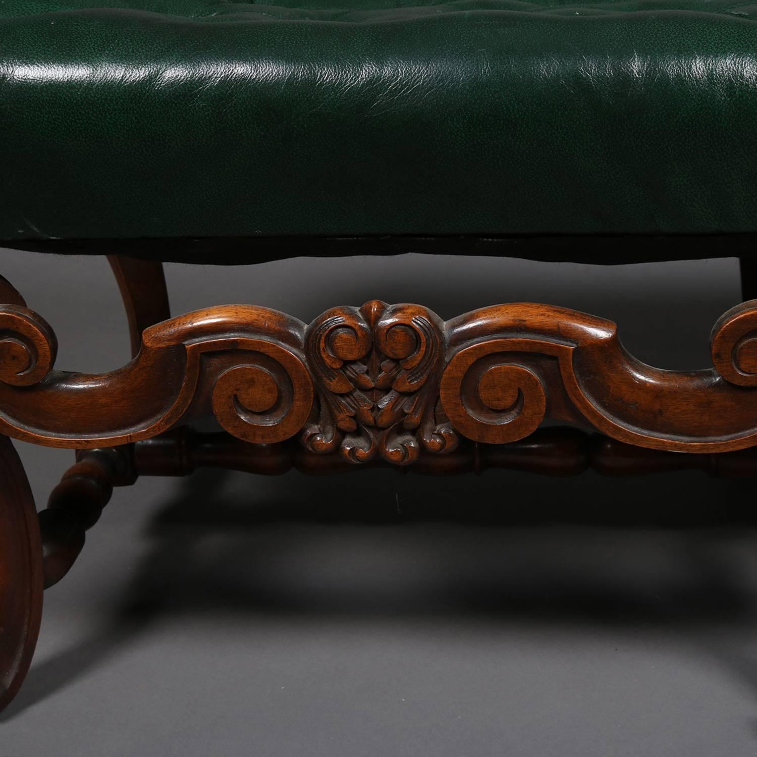 Kittinger Style Continental Button Tufted Leather and Carved Walnut Bench 4