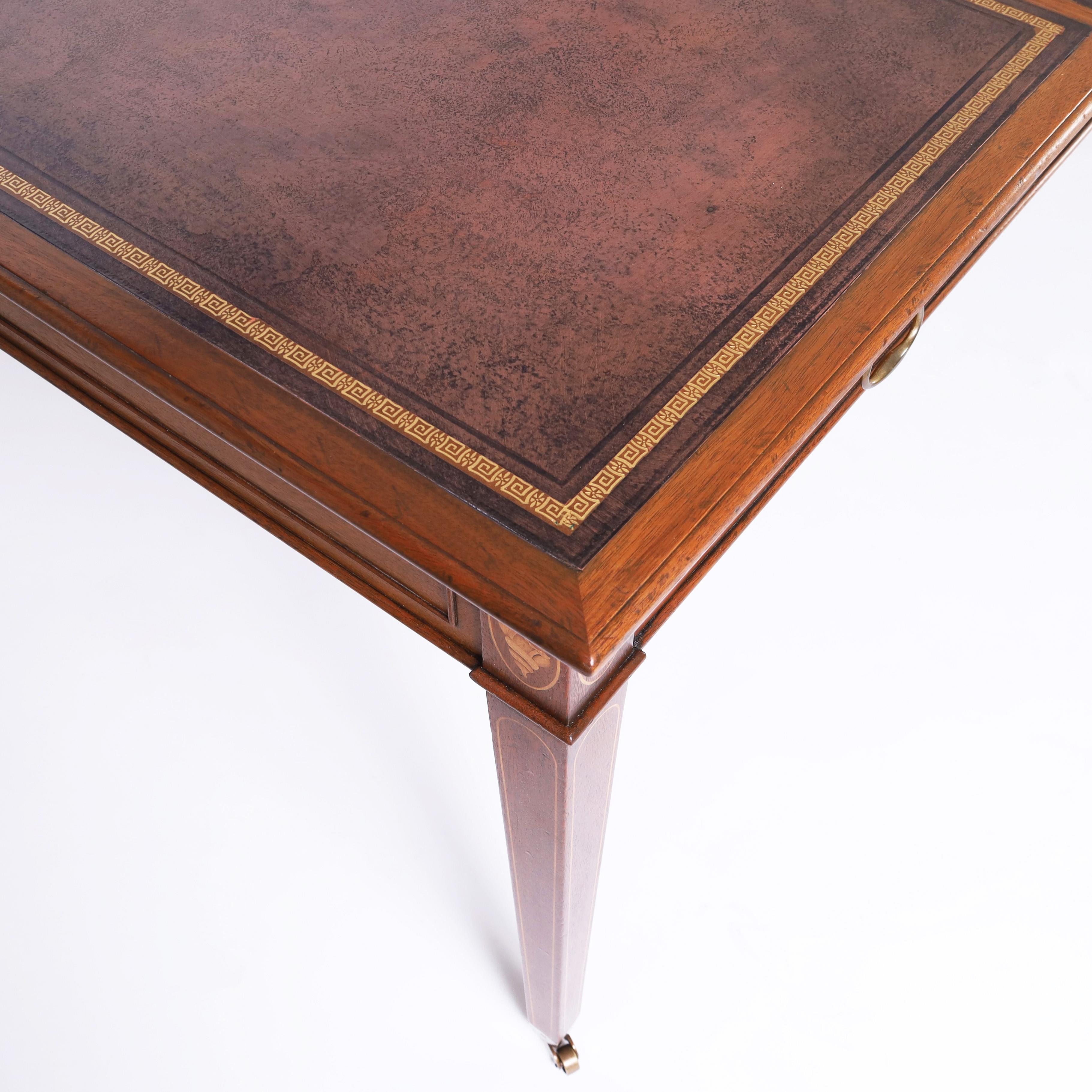 20th Century Kittinger Vintage Leather Top Inlaid Federal Style Desk