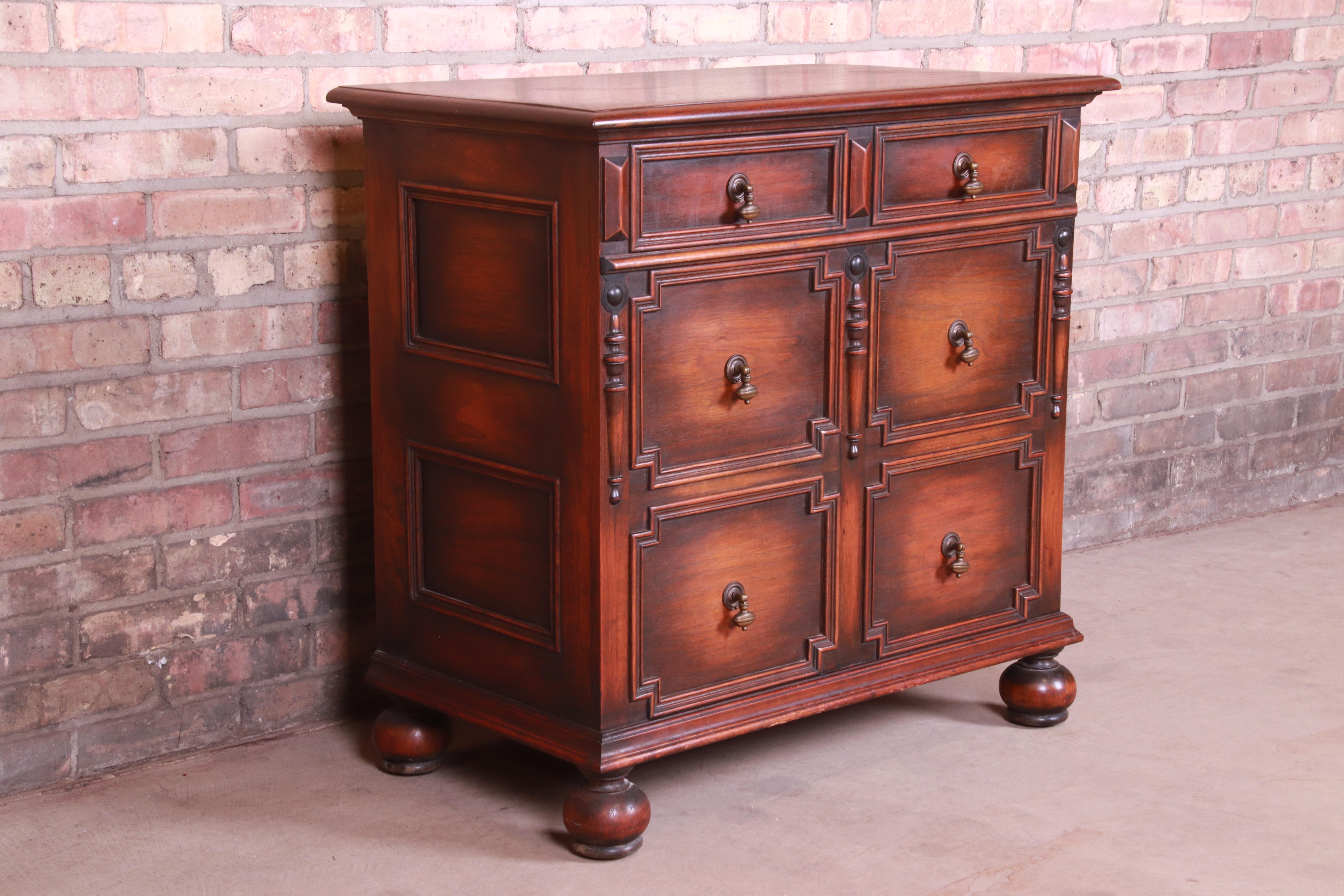 Brass Kittinger William and Mary Style Carved Walnut File Cabinet Chest, circa 1930s