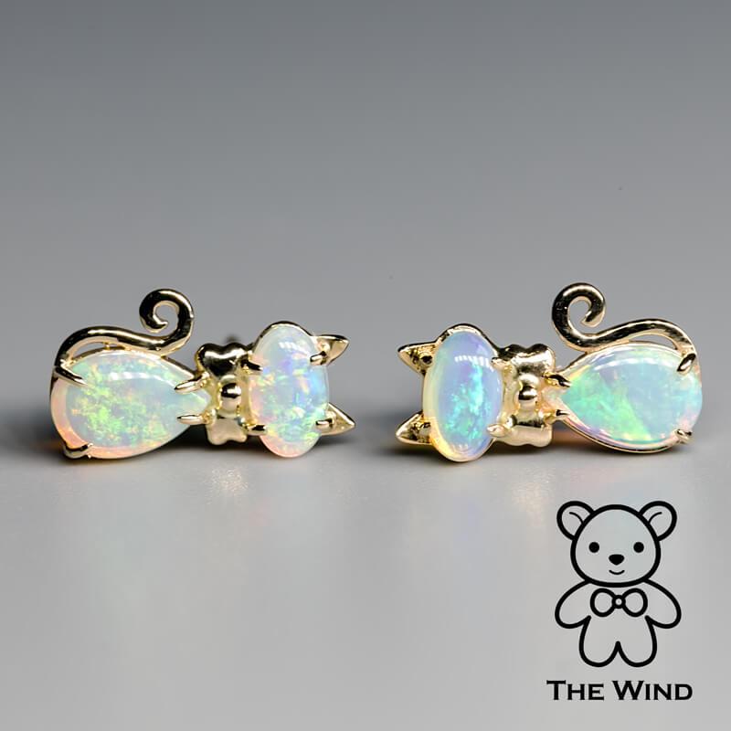 Artist Kitty Cat Australian Solid Opal Stud Earrings 14k Yellow Gold For Sale