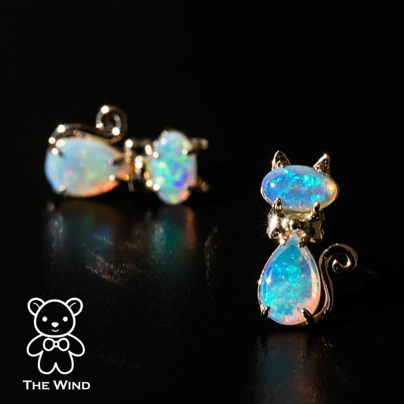 Brilliant Cut Kitty Cat Australian Solid Opal Stud Earrings 14k Yellow Gold For Sale