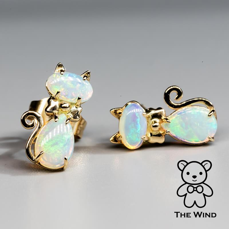Kitty Cat Australian Solid Opal Stud Earrings 14k Yellow Gold In New Condition For Sale In Suwanee, GA