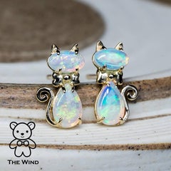 Kitty Cat with a Bow Australian Solid Opal Stud Earrings 14k Yellow Gold