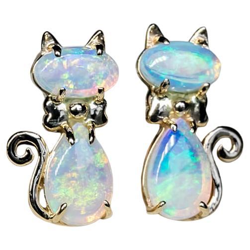 Kitty Cat Australian Solid Opal Stud Earrings 14k Yellow Gold For Sale