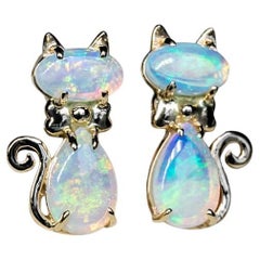 Kitty Cat Australian Solid Opal Stud Earrings 14k Yellow Gold