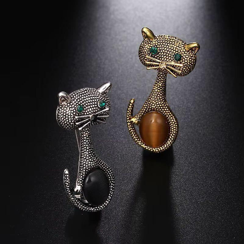 da uomo o donna Gatto d'oro e d'argento Coppia di spille d'epoca in vendita