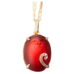 Kitty Cat Mexican Egg Fire Opal, Diamond Tail Pendant Necklace