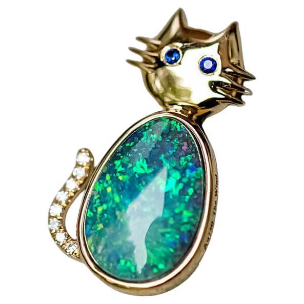 Kitty Cat Pendant Necklace with Australian Boulder Opal, Diamond, Sapphire Eyes  For Sale