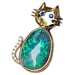 Kitty Cat Pendant Necklace with Australian Boulder Opal, Diamond, Sapphire Eyes 
