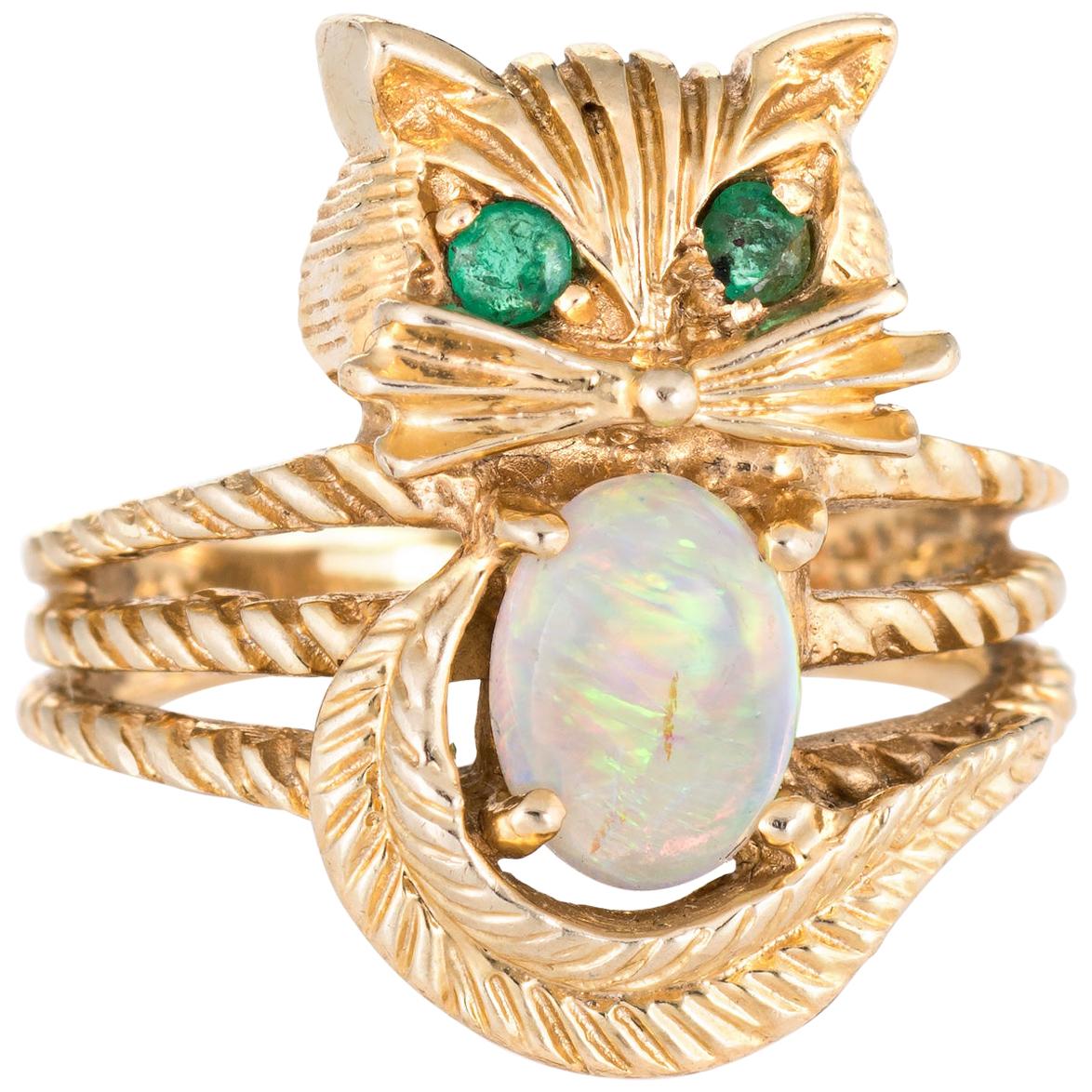 Kitty Cat Ring Opal Emerald Vintage 14 Karat Yellow Gold Fine Animal Jewelry