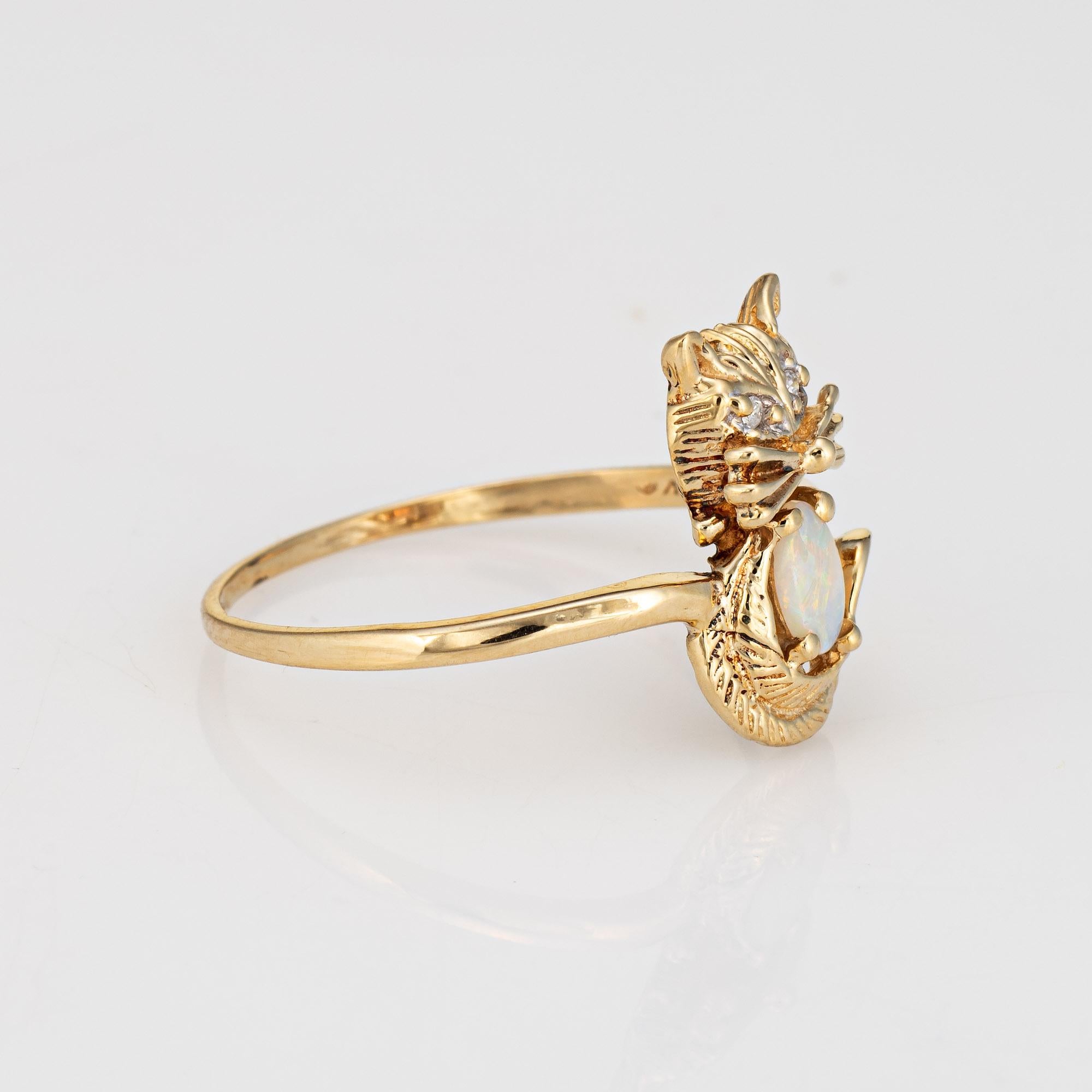 Modern Kitty Cat Ring Vintage Opal Diamond 10k Yellow Gold Sz 7.5 Animal Jewelry