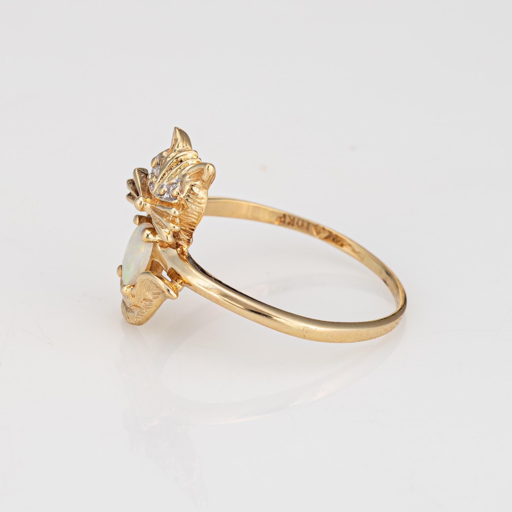 Cabochon Kitty Cat Ring Vintage Opal Diamond 10k Yellow Gold Sz 7.5 Animal Jewelry