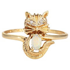 Kitty Cat Ring Vintage Opal Diamond 10k Yellow Gold Sz 7.5 Animal Jewelry