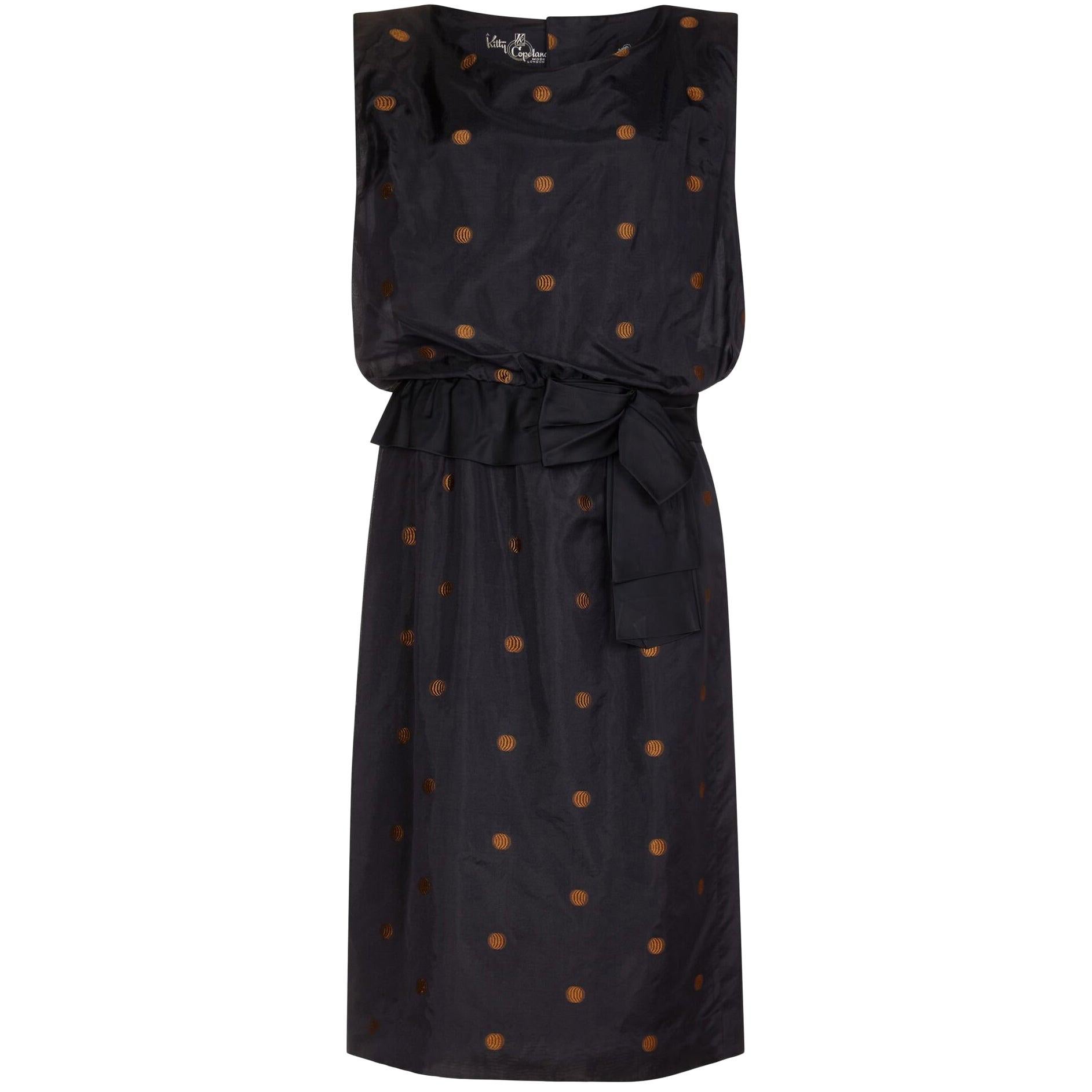 Kitty Copeland 1950s Black Taffeta Silk Dress With Polkadot Detail For Sale