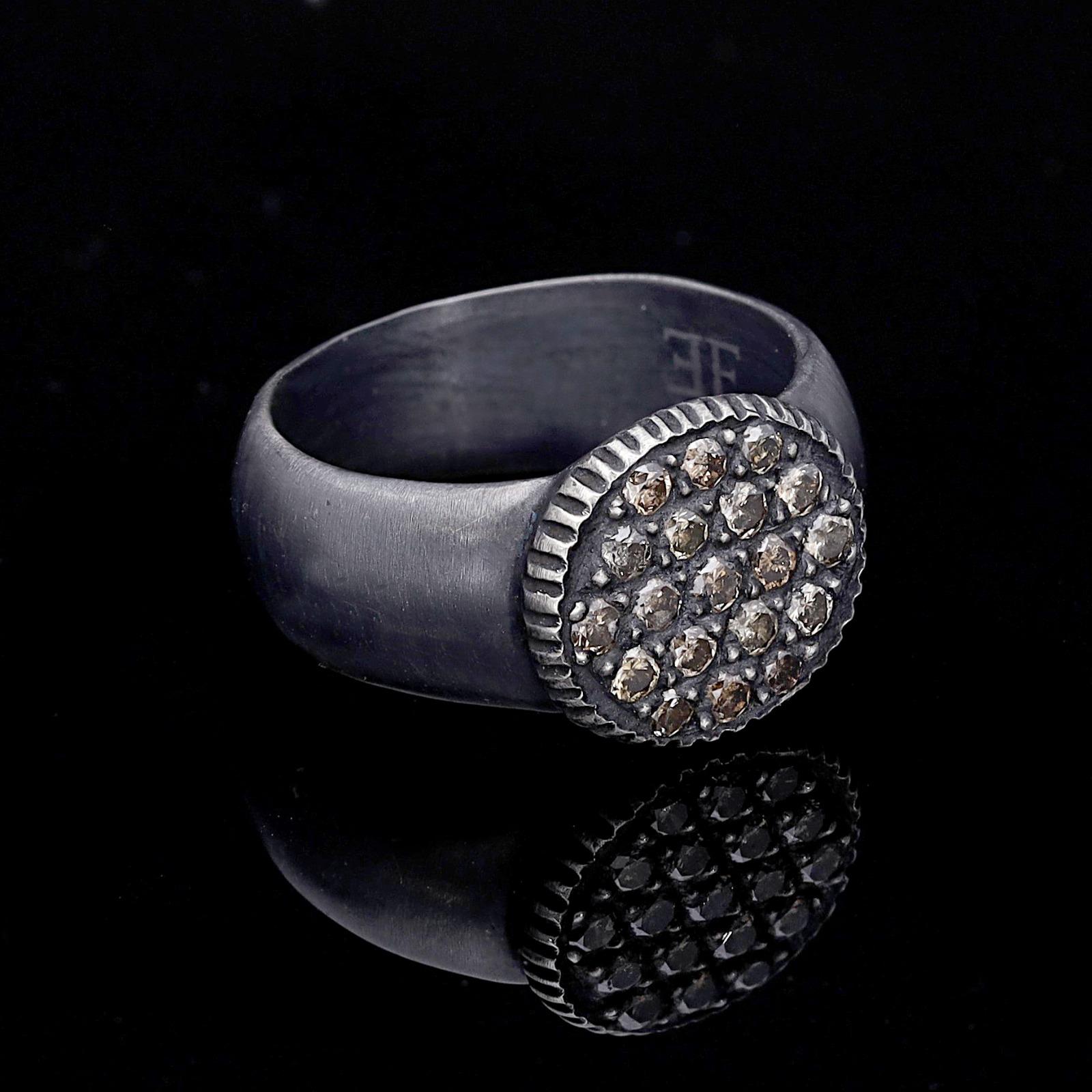 For Sale:  Oxidised Silver Round Ring with Champagne Pave Diamond 2