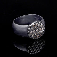 Oxidised Silver Round Ring with Champagne Pave Diamond