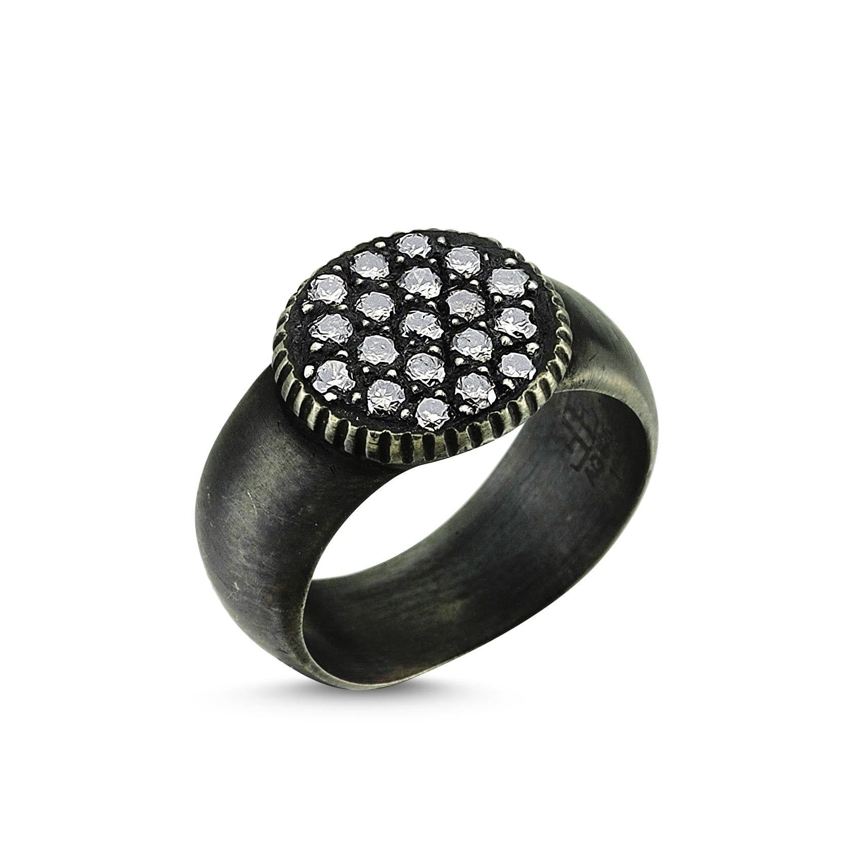 For Sale:  Oxidised Silver Round Ring with Champagne Pave Diamond 3